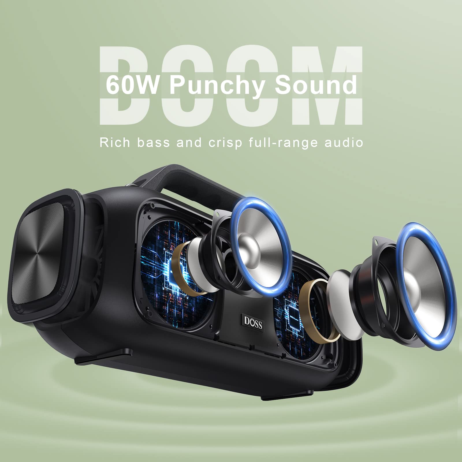 Doss Extreme Boom Outdoor Bluetooth Speaker With 60W Mighty Sound, Deep Bass, 30H Playtime,10400Mah Power Bank, Bt 5.3, Ipx6 Waterproof, Portable Strap For Camping, Pool, Beach, Garage, Work