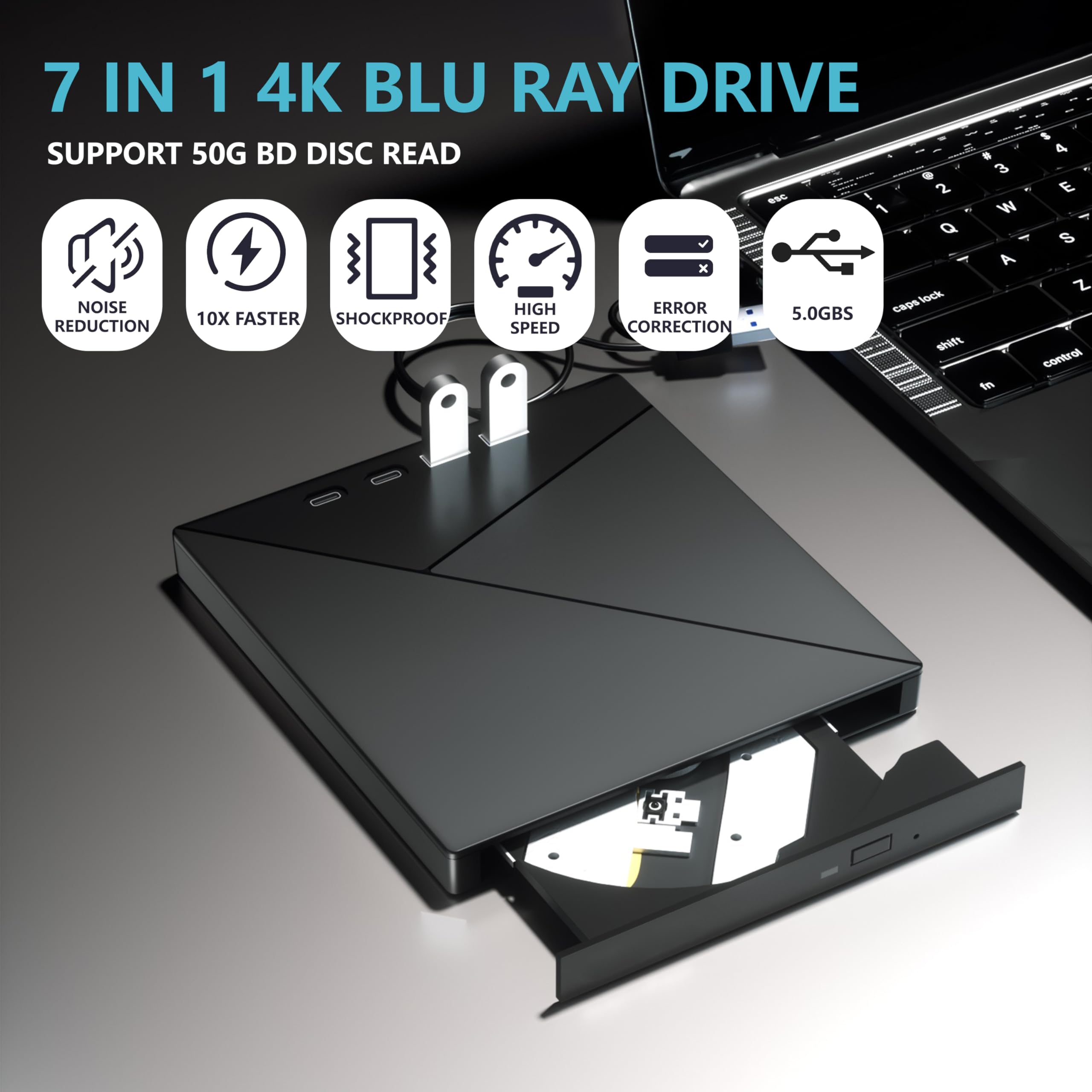 Wbacon 7-in-1 External Blu Ray Drive, 4K Burner, USB 3.0 Type-C, CD/DVD/3D BD Player, Compatible with Windows & MacOS