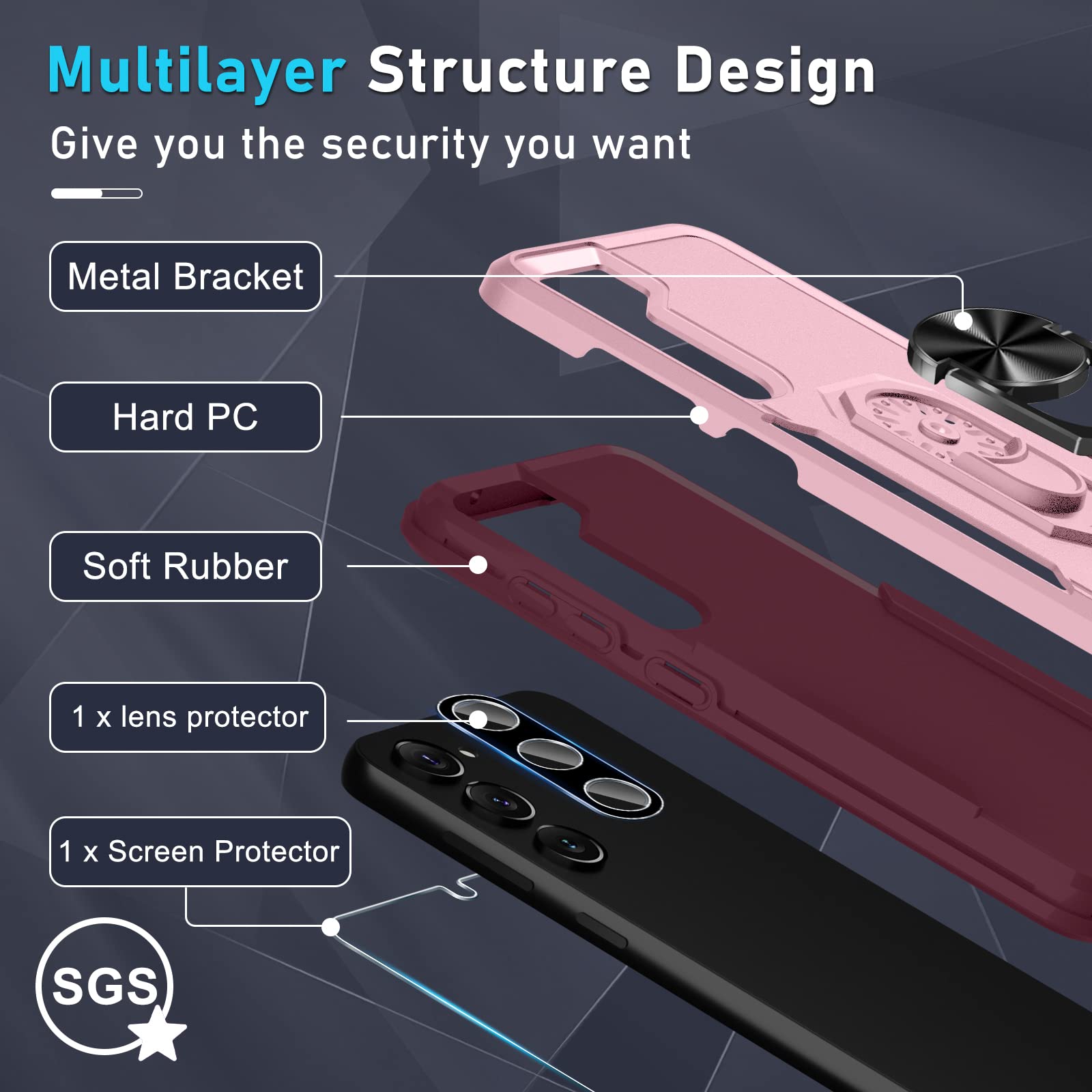 Janmitta Compatible With Samsung Galaxy S23 Case With Screen Protector+Camera Lens Protector,Heavy Duty Shockproof Full Body Pho