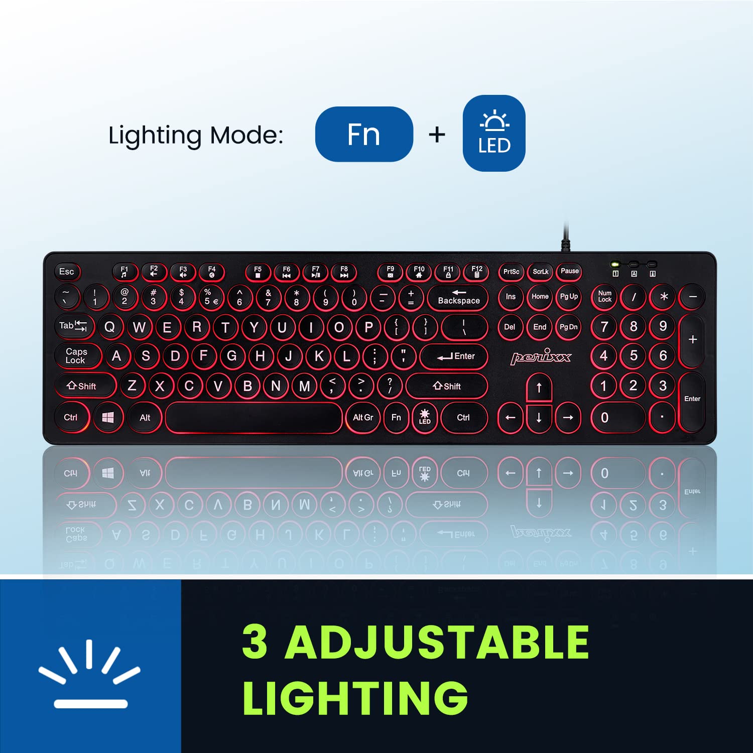 Perixx PERIBOARD-317R Wired Backlit USB Keyboard - Big Print, Tri-Color LED, Stylish Round Keycaps, US English, White/Red/Blue/Purple