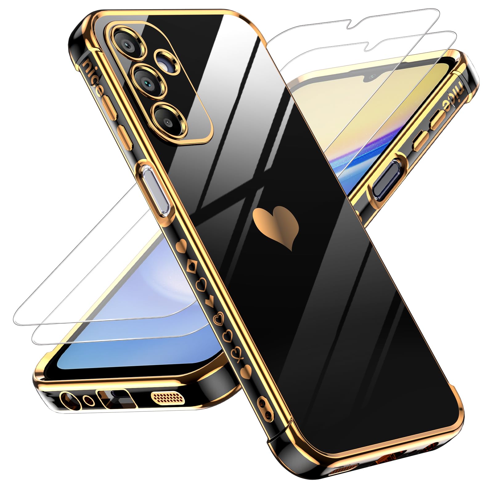 Leyi For Galaxy A15 5G Phone Case: With Tempered Glass Screen Protector [2 Pcs]+ Full Camera Lens Protection, Love Heart Plating