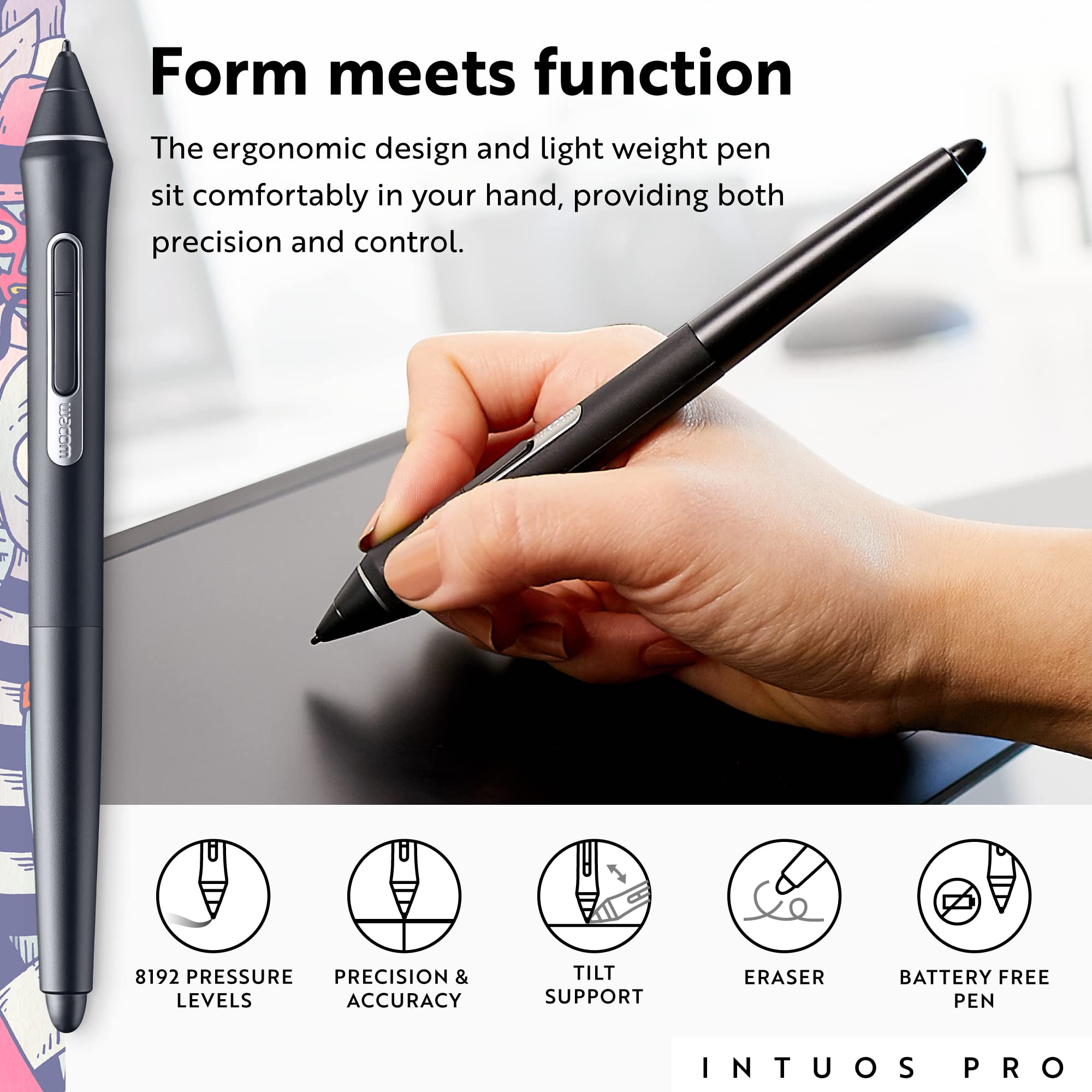 Wacom Intuos Pro Medium Bluetooth Graphics Drawing Tablet, 8 Customizable Expresskeys, 8192 Pressure Sensitive Pro Pen 2 Include