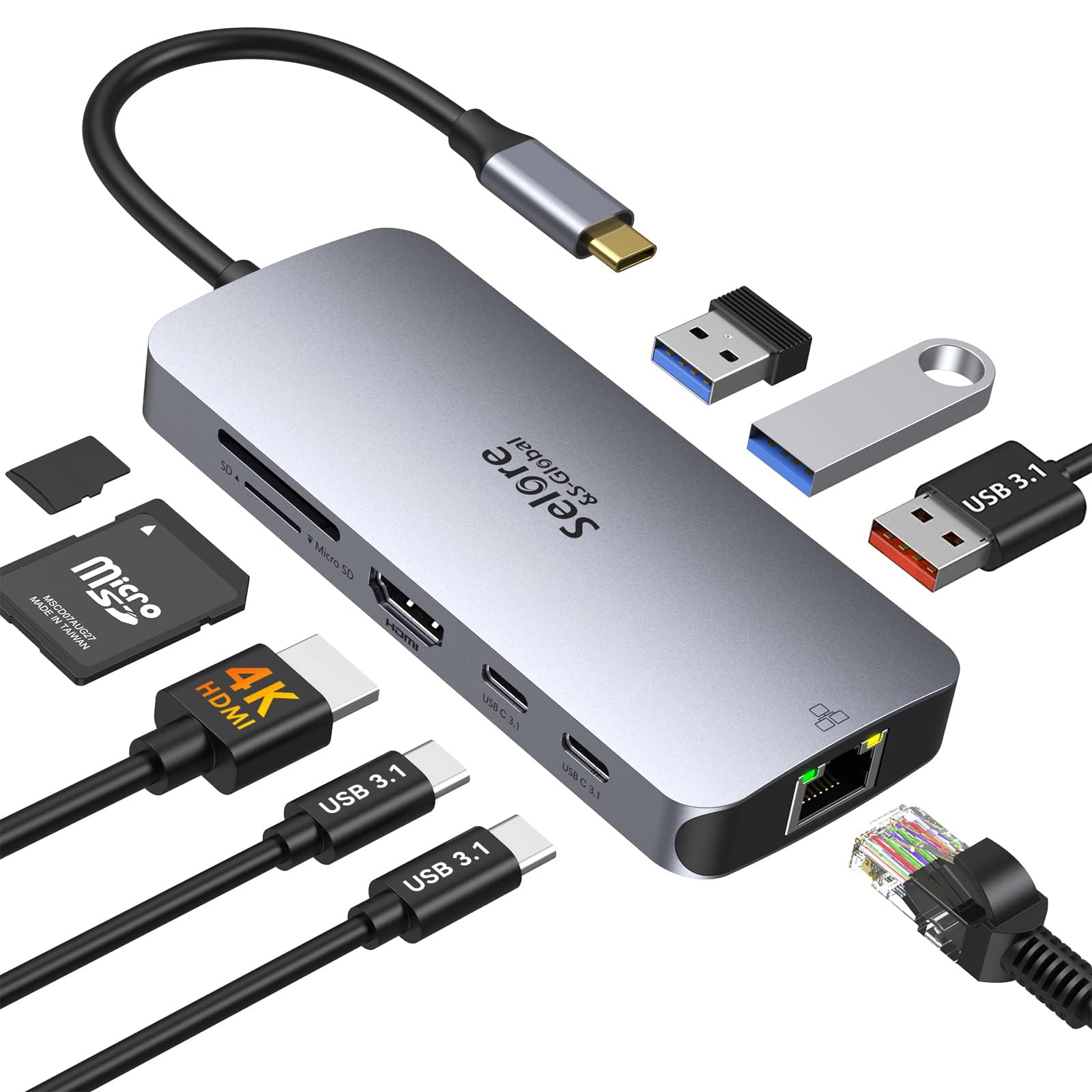 Usb C Adapters For Macbook Pro/Air, Selore 9 In 1 Usb C Hub With 4K Hdmi, 2 * 10Gbps Usb C 3.1 Gen2 Port, 1Gbps Ethernet, Usb 3.