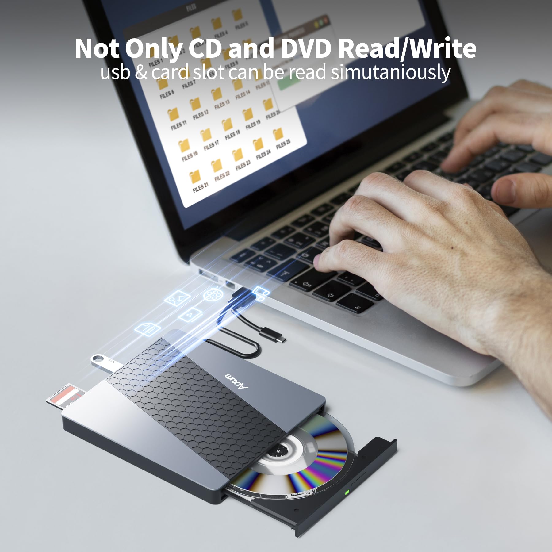 Alxum External Cd Drive, 8 In 1 External Dvd Drive For Laptop Portable Cd Player With Multiple Ports Support Faster Transfer Spe