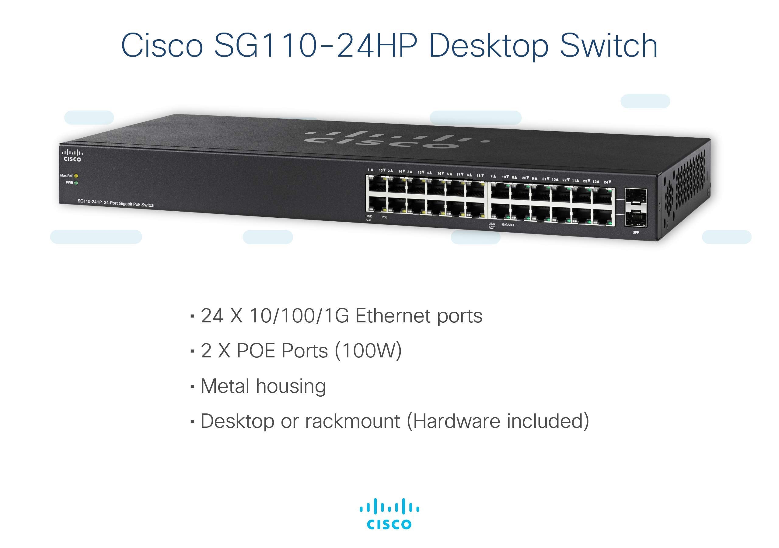 Cisco Sg110-24Hp Unmanaged Switch | 24 Gigabit Ethernet (Gbe) Ports | 100W Poe | Limited Lifetime Protection (Sg110-24Hp-Na)