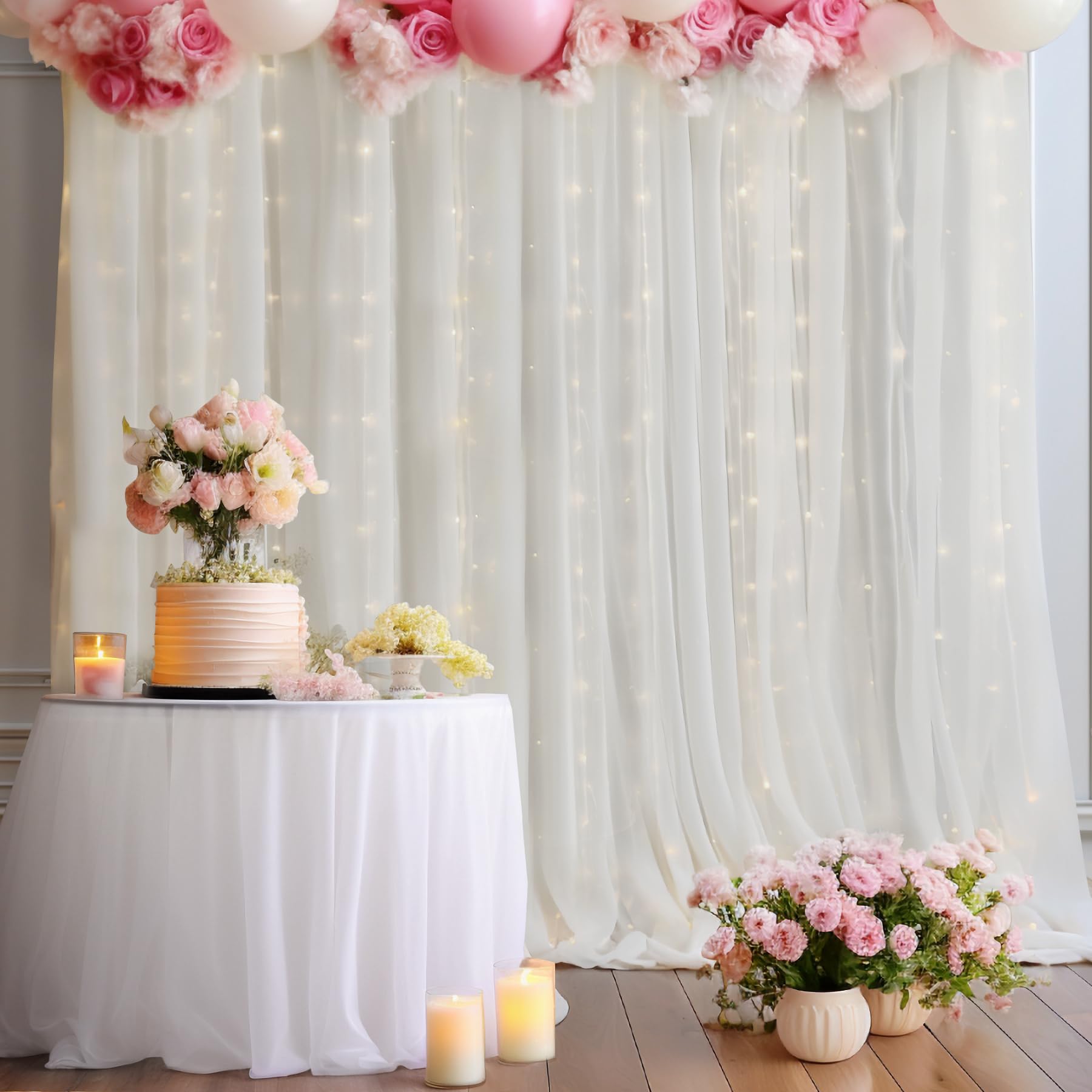 10X10Ft White Tulle Backdrop Curtain With Lights String For Parites, Sheer Backdrop Curtains For Wedding Baby Shower Birthday Pa