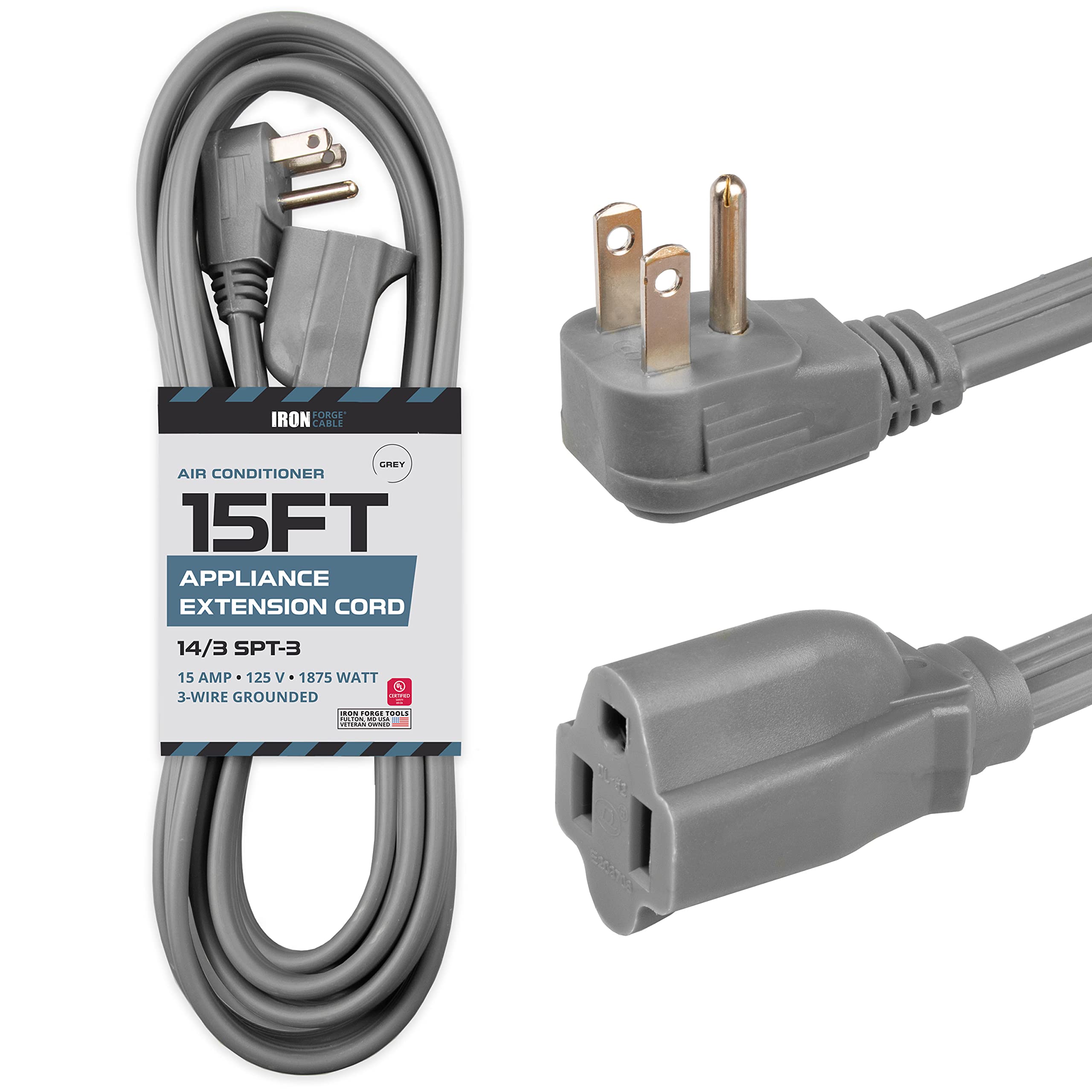 Iron Forge Cable 14/3 Heavy Duty Appliance Extension Cord 15 Ft   Flat Plug & Flat Cable 15 Amp Appliance Extension Cord 3 Prong Spt 3 For Air Conditioner, Refrigerator, Space Heater, 14 Awg Gray