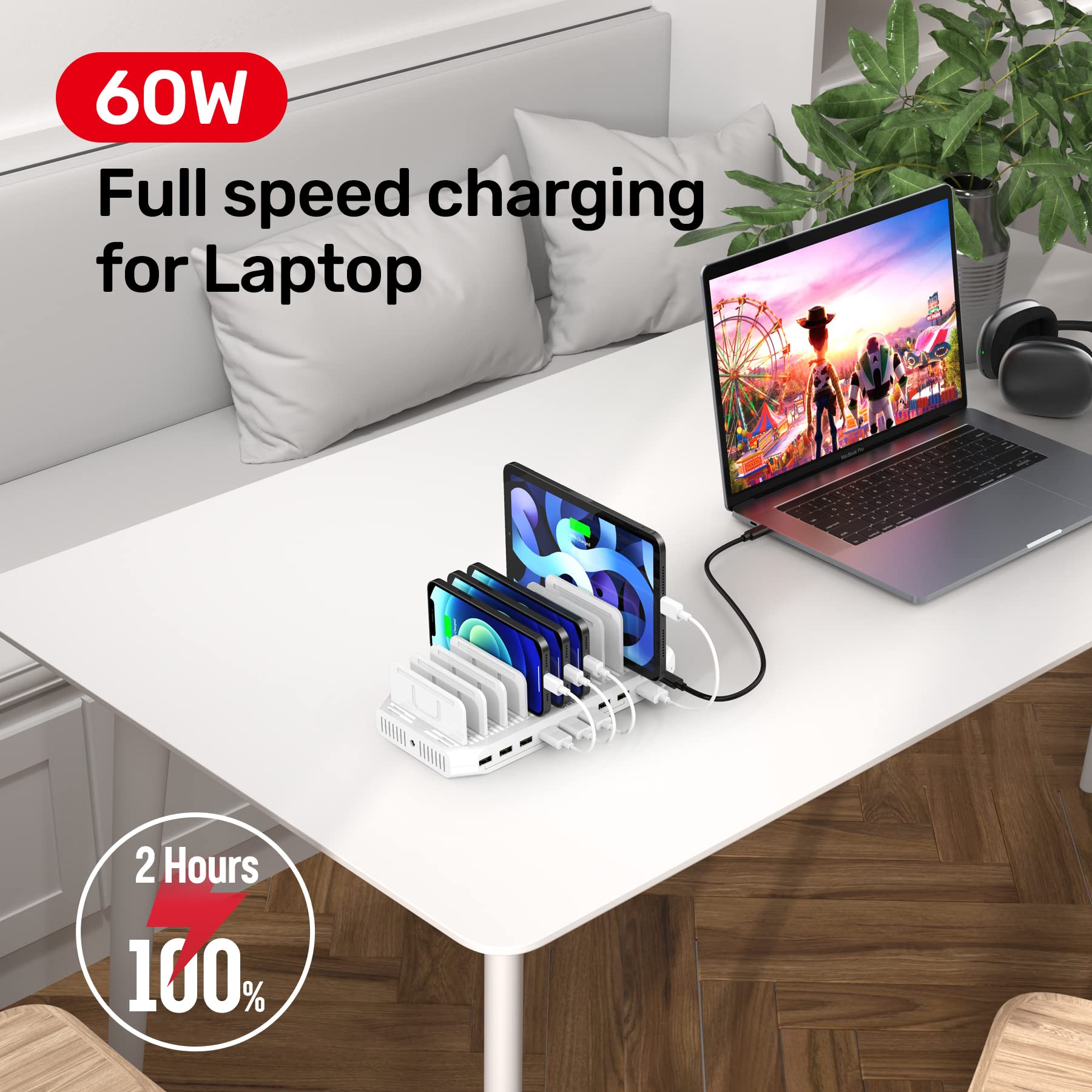Usb C Pd 60W Charging Station With Qc 3.0, Unitek 160W 10 Port Usb Quick Charger Dock, Power Delivery Compatible With Laptop Mac