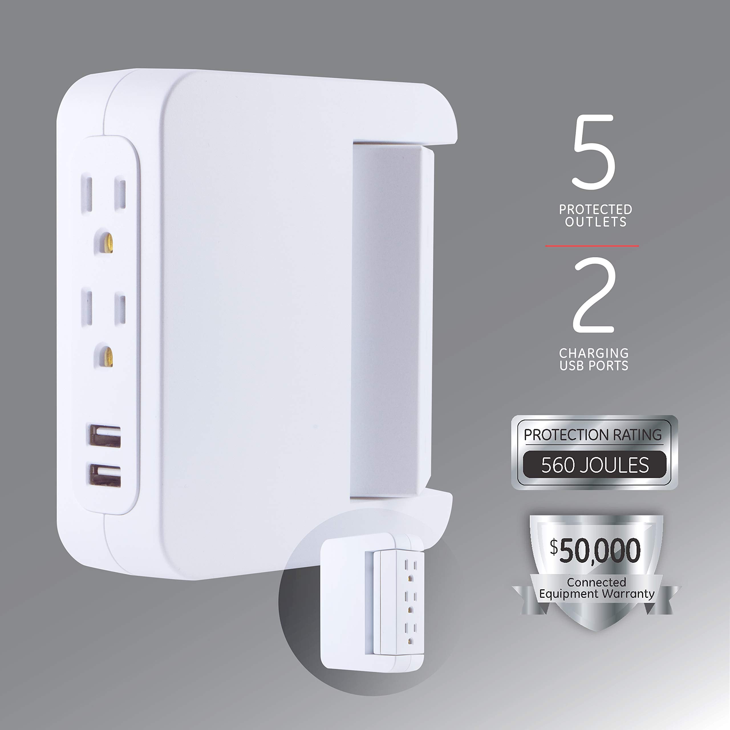 Ge Pro Side Access Swivel Surge Protector, 2 Pack, 5 Outlet Extender With 2 Usb Ports, Wall Tap Adapter, Charging Station, 3 Pro