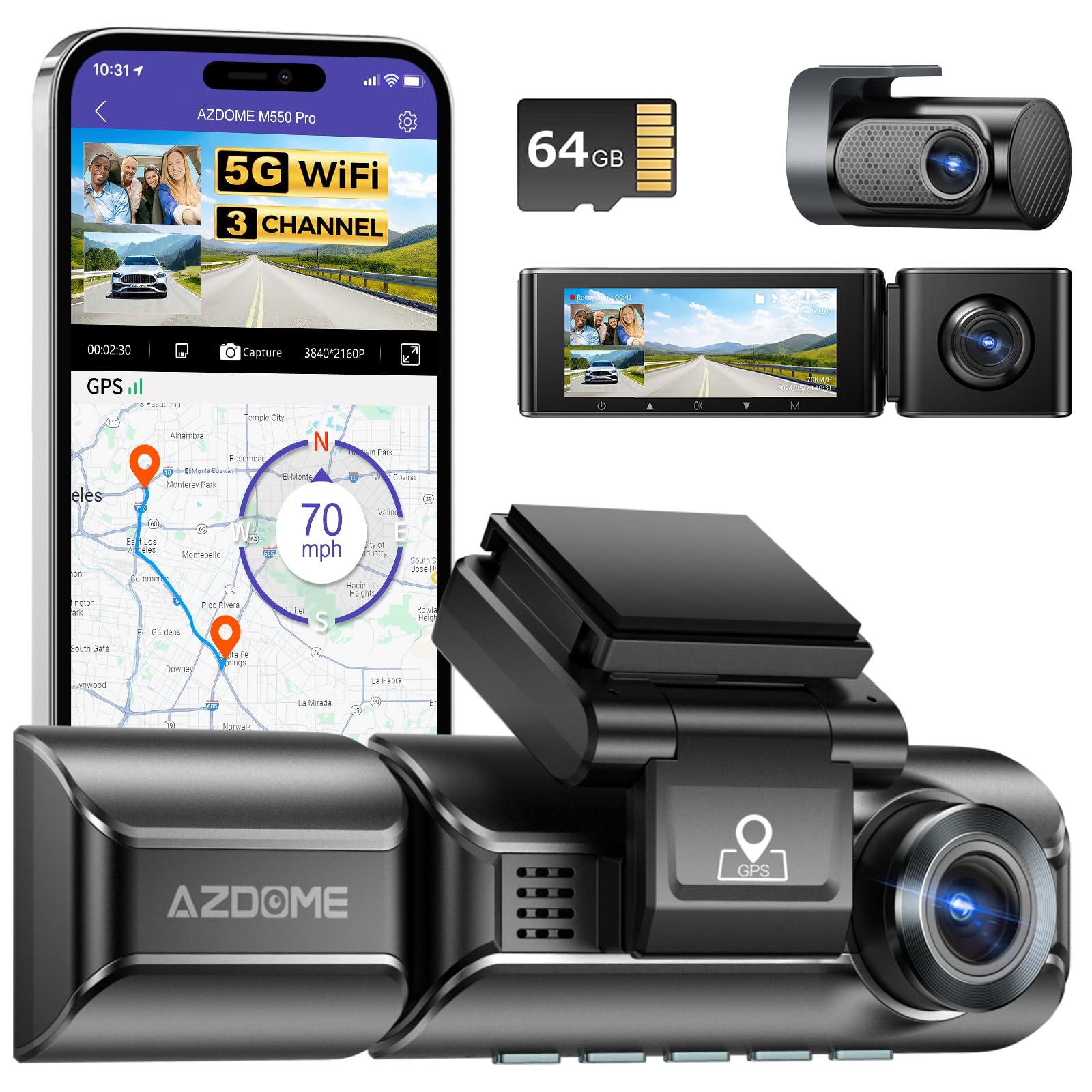 Azdome M550 Pro 5G Wifi 3 Channel Dash Cam Built In Gps, 4K+1080P Dual Dash Camera For Cars With 64Gb Card, 1440P+1080P+1080P Fr