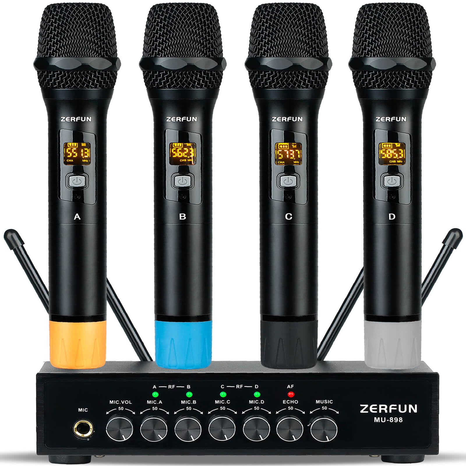 Zerfun Pro Wireless Microphone System 4 Channel, Uhf Metal Cordless Handheld Mics With Echo Bluetooth For Church Karaoke Singing