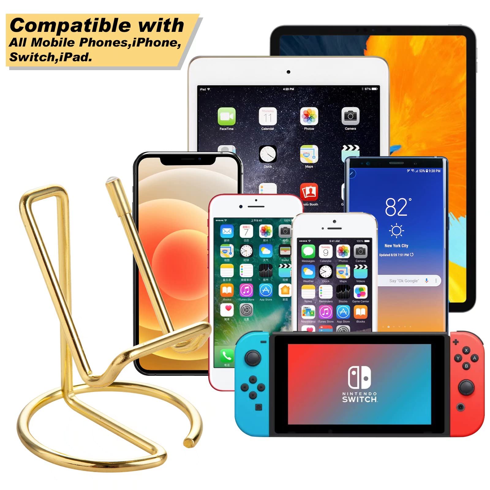 Roposy Cell Phone Stand For Desk, Cute Metal Gold Cell Phone Stand Holder Desk Accessories, Compatible With All Mobile Phones, I