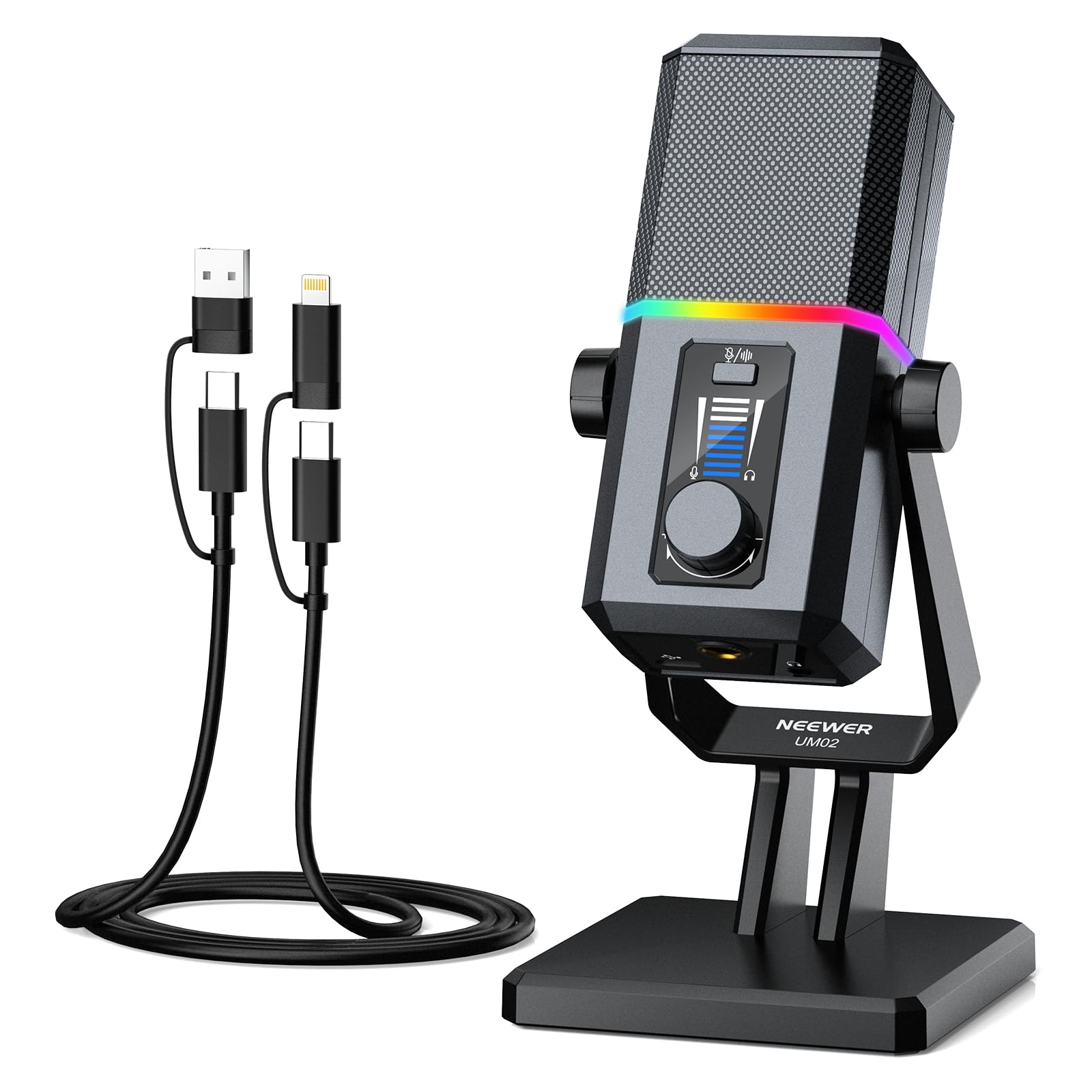 NEEWER UM02 RGB USB Microphone for Gaming Streaming Podcast, Cardioid Condenser Noise Cancellation Desk Mic for Headphone Monito