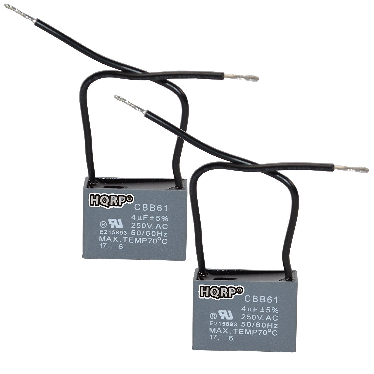 Hqrp 2 Pack Ceiling Fan Capacitor Cbb61 4Uf 2 Wire Ul Listed