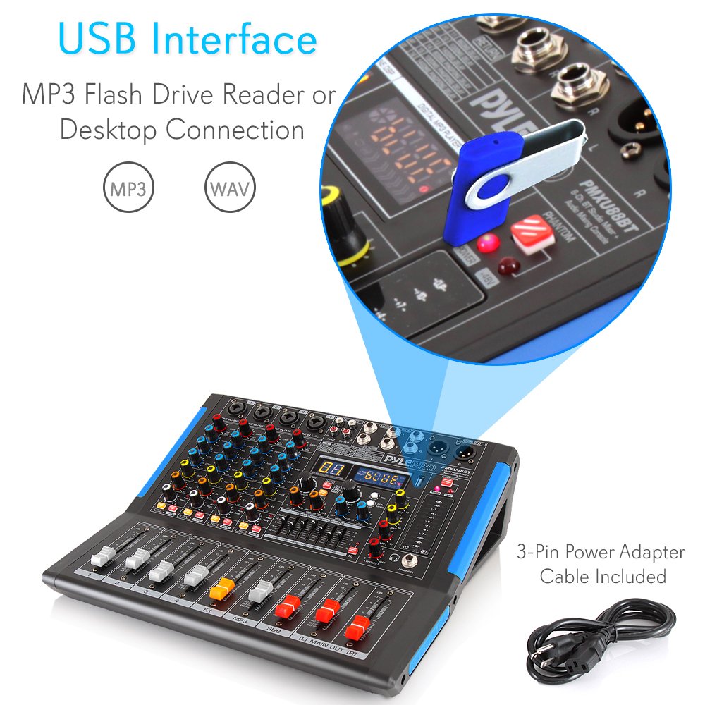 Pyle 4 Channel Bluetooth Studio Audio Mixer Dj Sound Controller Interface With Usb Drive For Pc Recording Input, Xlr Microphone
