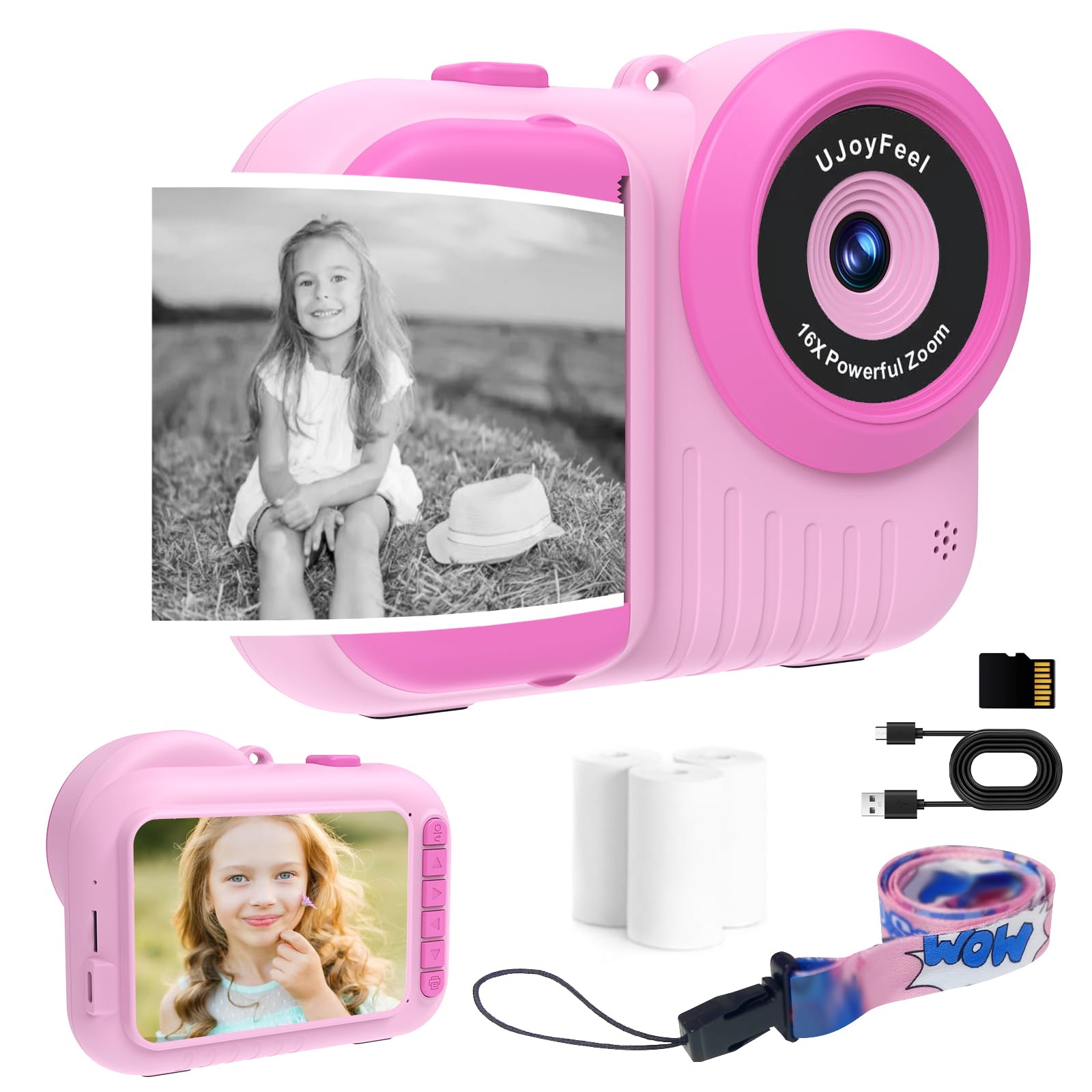 Kids Camera Instant Print Cameras That Print Photos, Black and White Instants Digital Camera for Toddler Pictures Printing 3.5IN Screen, Portable Toy Cameras Print Picture 3 12 Year Girls (Roser) -Like New