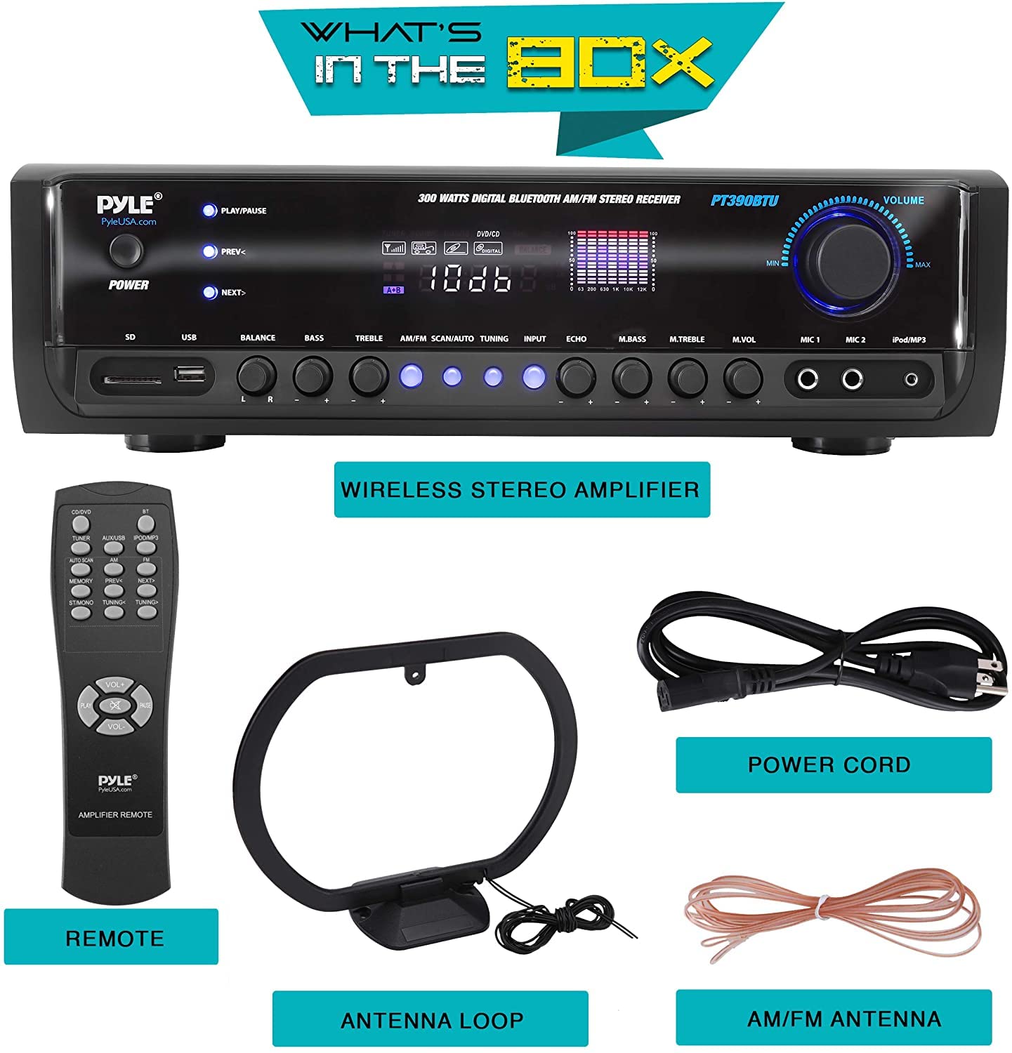 Pyle Wireless Bluetooth Power Amplifier System 300W 4 Channel Home Theater Audio Stereo Sound Receiver Box Entertainment W/ Usb,