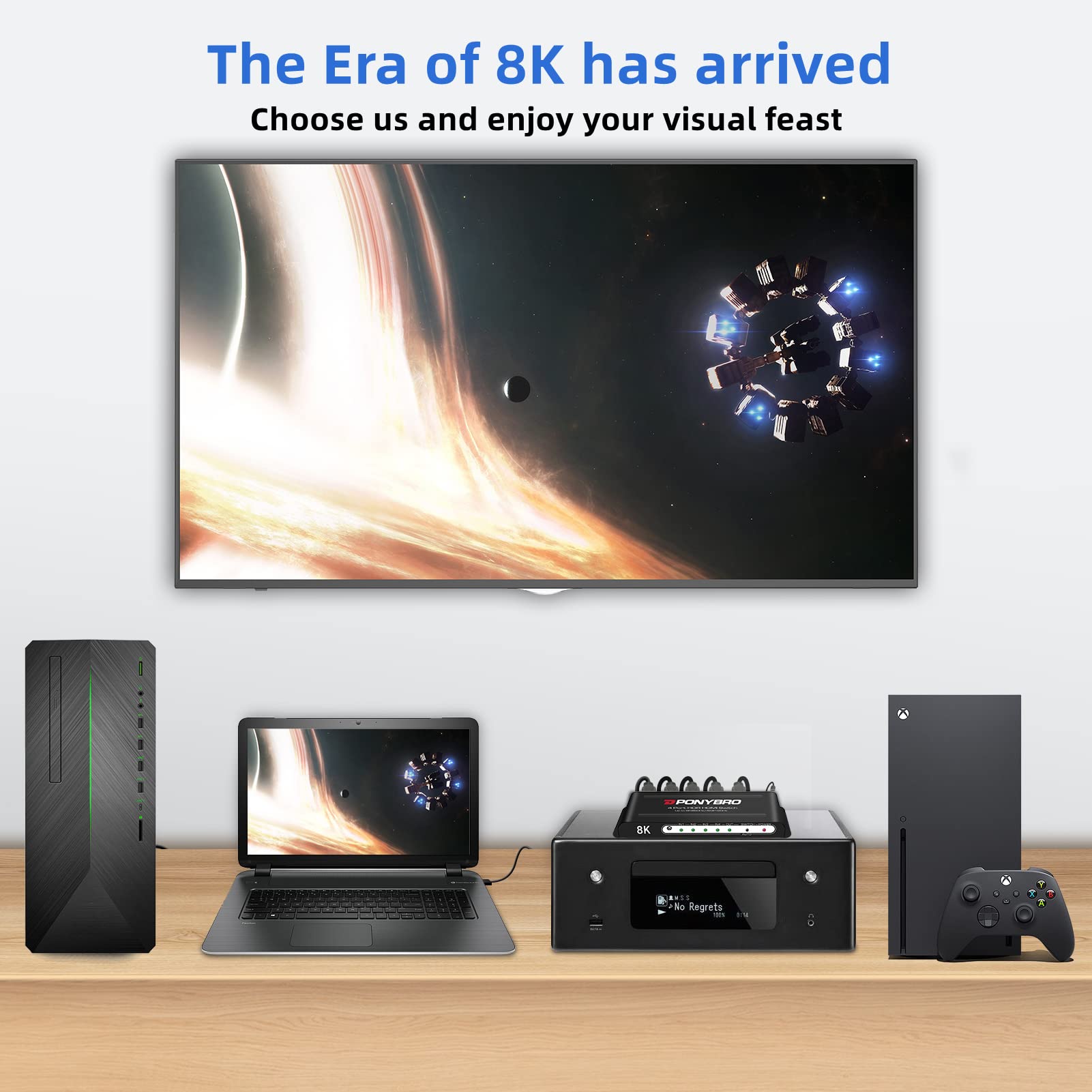 (Newest Version) Ponybro 8K Hdmi 2.1 Switch 4 In 1 With Remote, Support 8K@60Hz Or 4K@120Hz,High Speed 48Gbps,Hdr/Dolby Vision,H