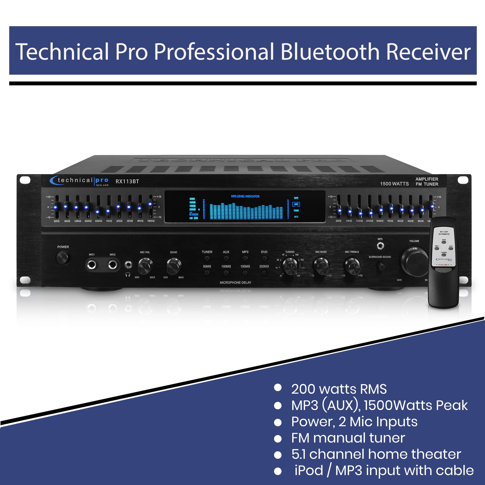 Technical Pro Professional 1500 Watts Power Bluetooth Receiver With Built-In Equalizer, 5.1 Channel Home Theater, Dual Mic Input