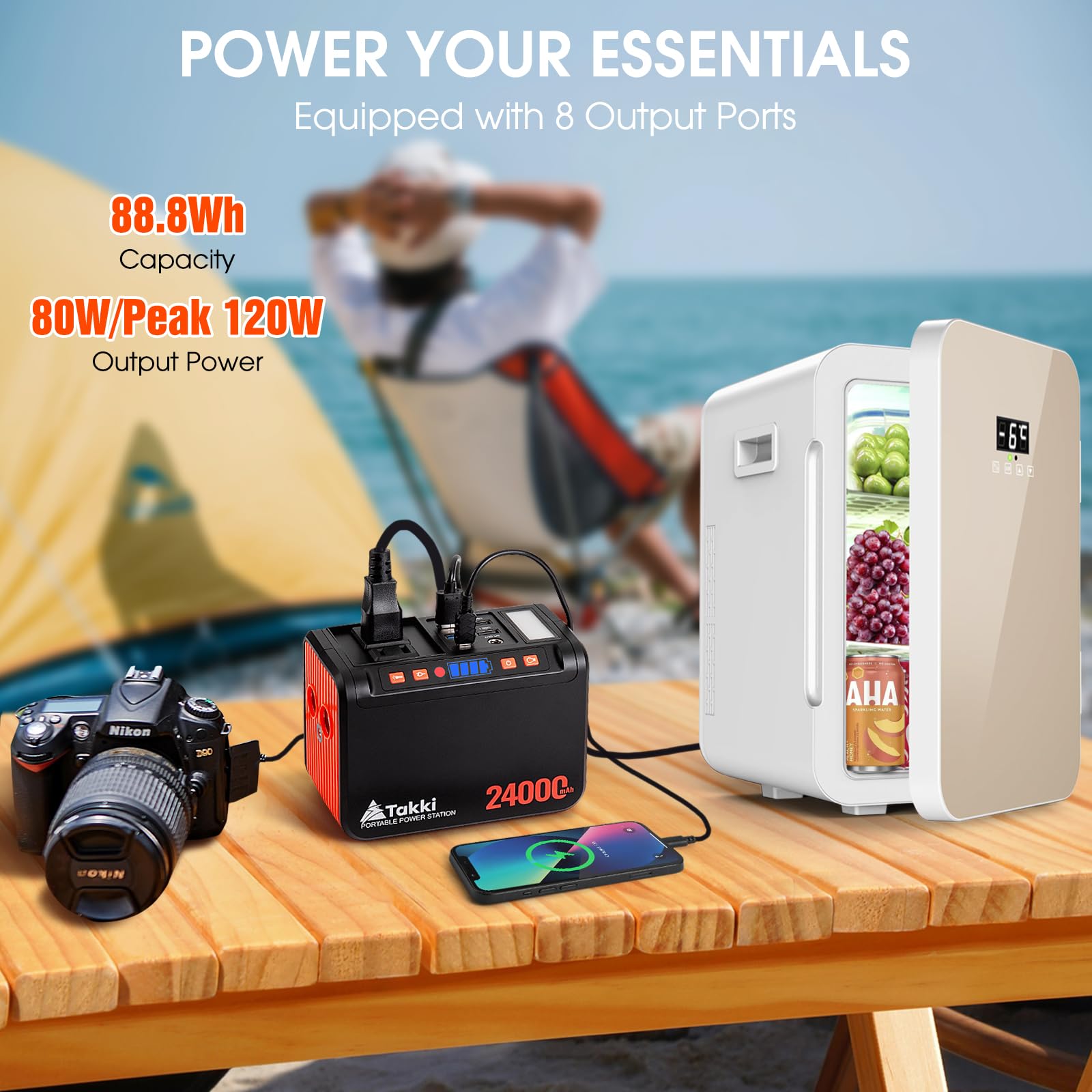 Takki 88Wh Portable Power Station With Carrying Case Bag, Camping Generator Lithium Battery With Peak 120W Ac Outlet Usb Ports F