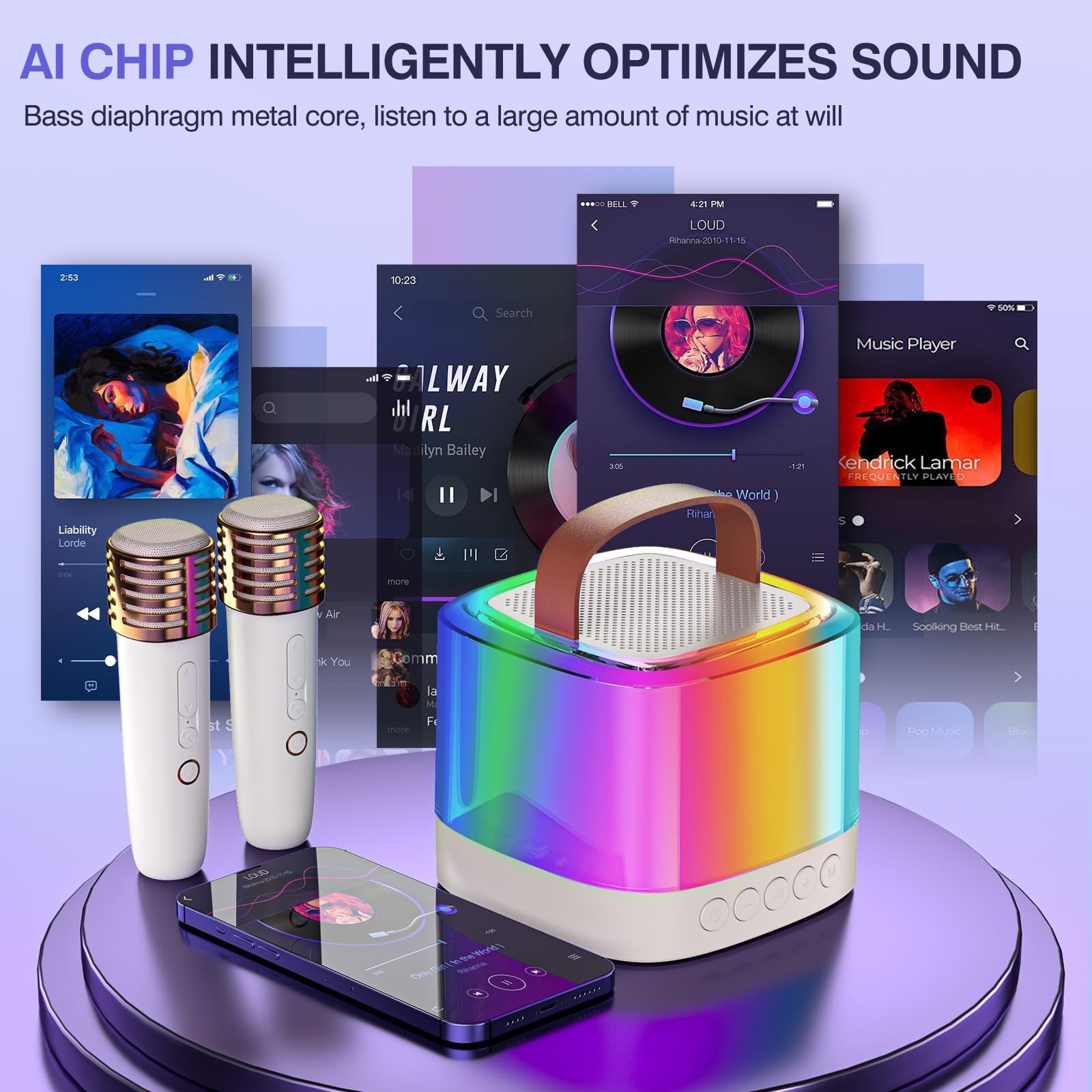 Mini Karaoke Machine For Kids Adults, Portable Bluetooth Karaoke Speaker With 2 Wireless Mics And Led Color Lights, Inside The C