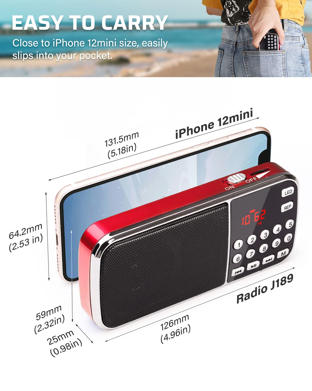 Prunus J-189 Bluetooth Am Fm Radio, Small Portable Radio - Dual Speaker Heavy Bass, Led Flashlight, Pocket Size, Tf Card Usb Aux