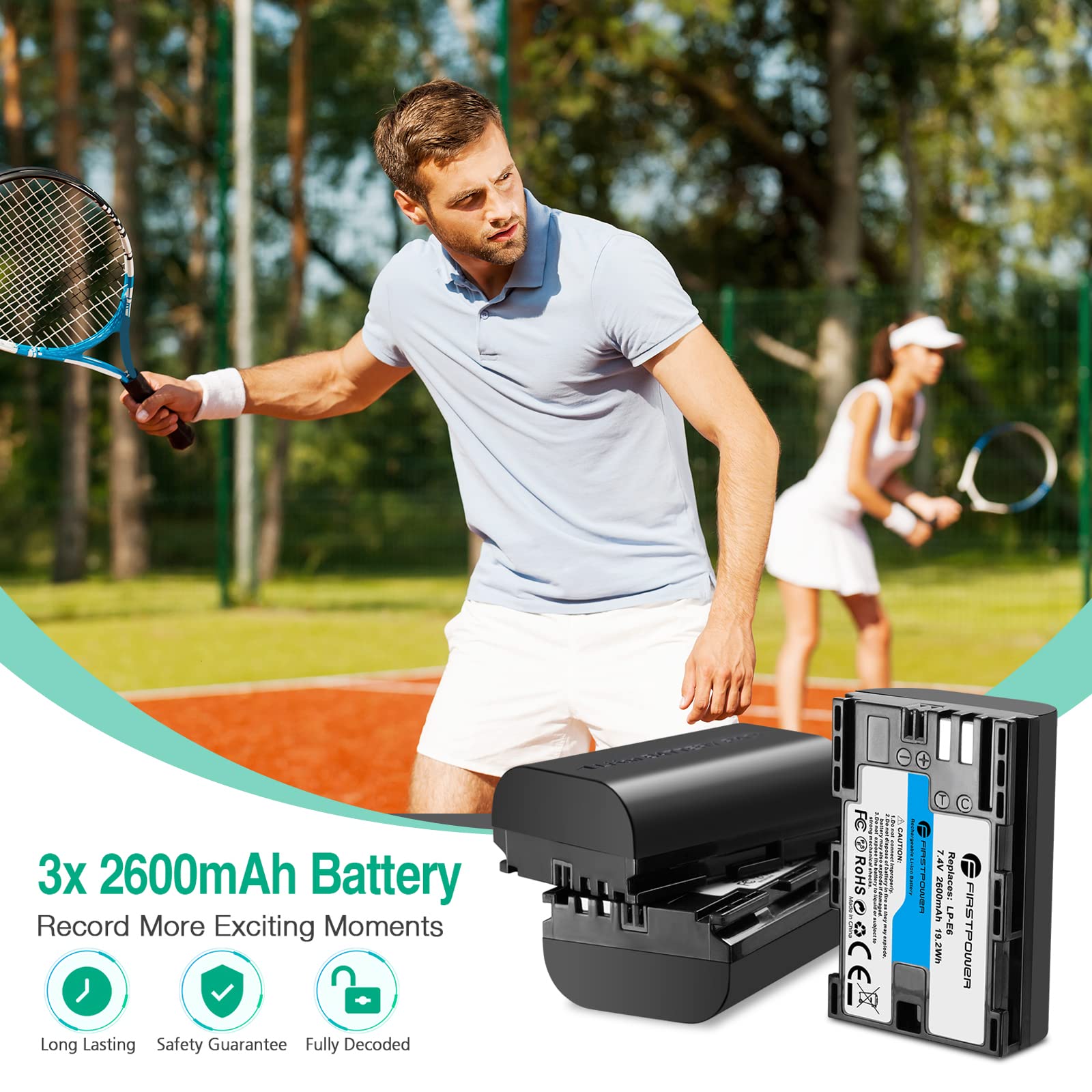 FirstPower LP-E6 LP-E6N 2600mAh Camera Battery 3-Pack & Triple Charger for Canon EOS 5D, 6D, 7D, 60D, 70D, 80D, 90D Black