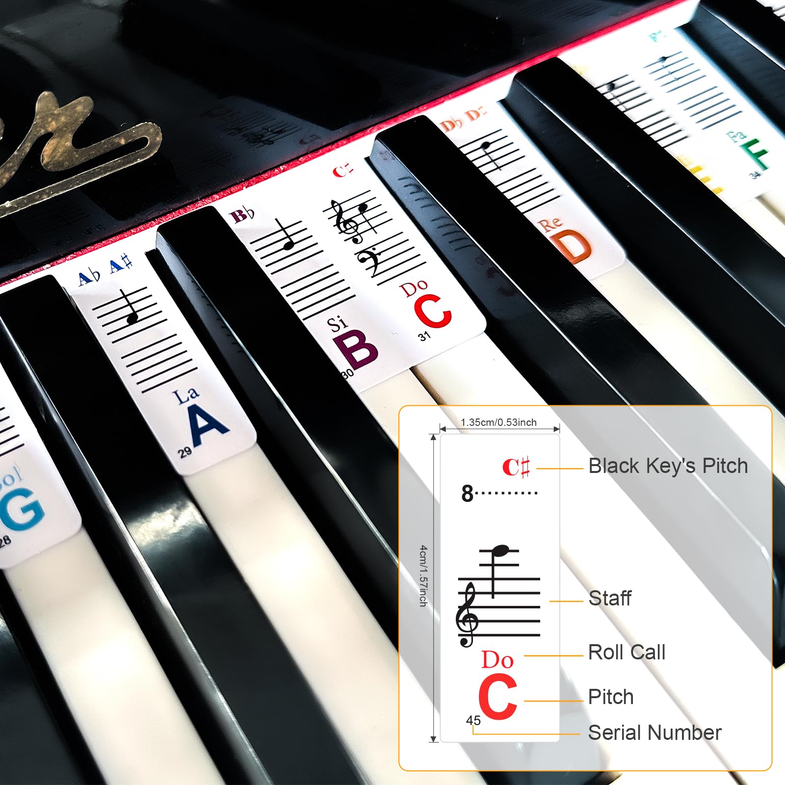 JYCSTE Removable Piano Keyboard Note Labels, Colorful PVC Stickers for 88 Key Piano, Beginner-Friendly, Model RM