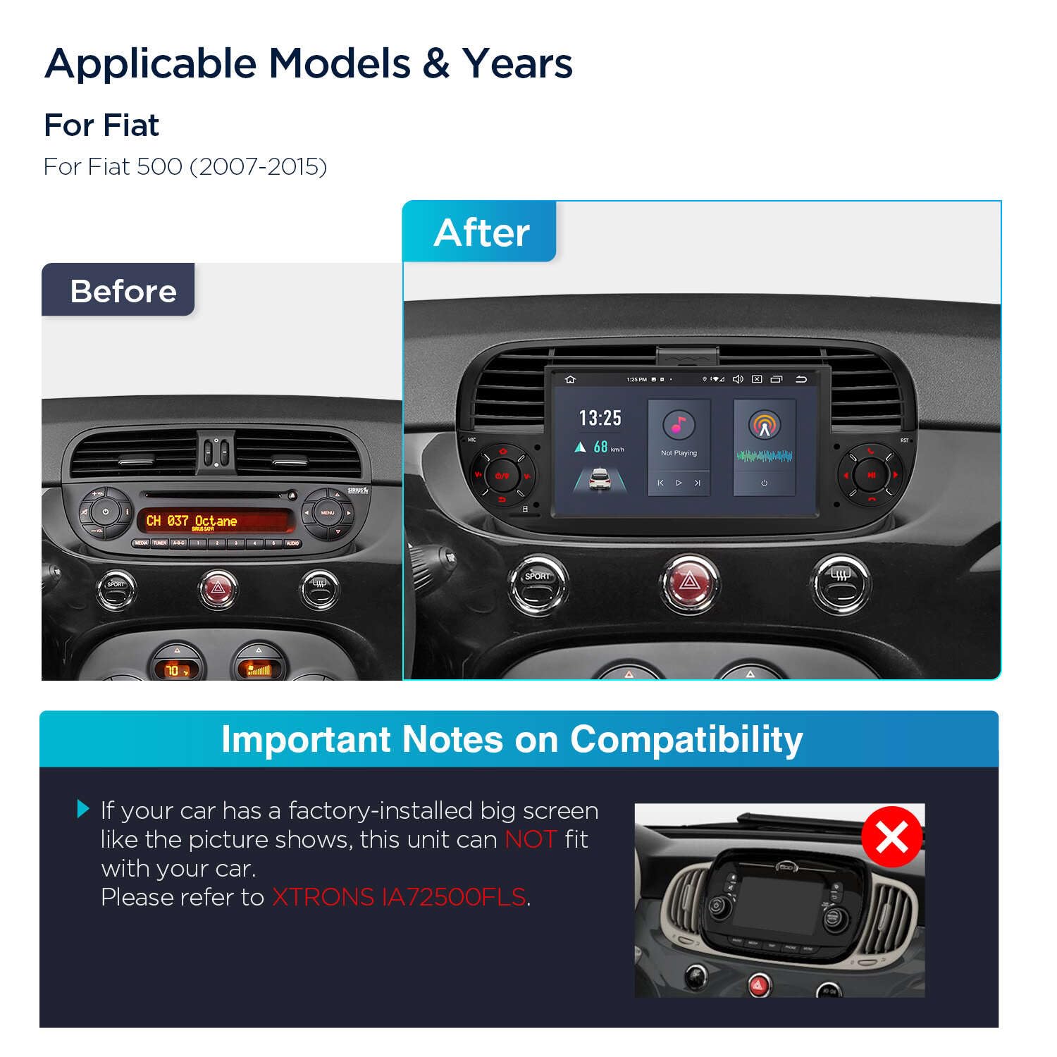 Xtrons For Fiat 500 (2007 2015) Touch Screen Radio, 7 Inch Android 13 Car Stereo For Fiat 500 Replacement Head Unit Built In Dsp