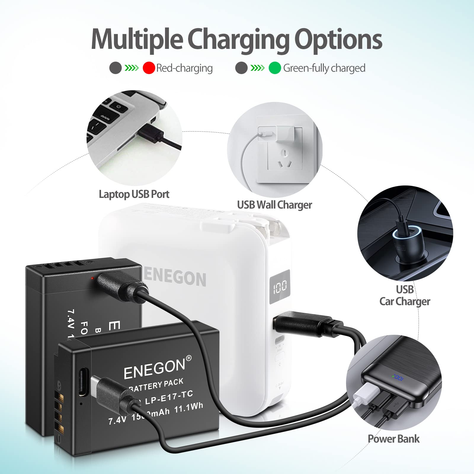 ENEGON LP-E17 Replacement Battery 2-Pack for Canon EOS Cameras, Type-C Charging, 1 Count