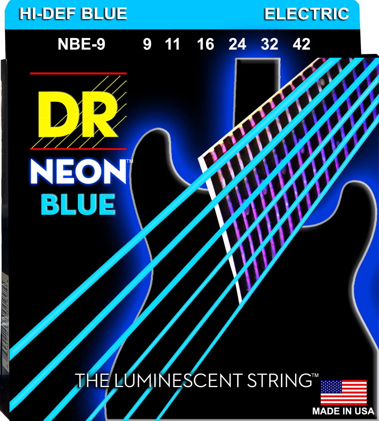Dr Strings Nbe 9 Hi Def Neon Blue Colored Electric Guitar Strings, Light String, 9 42
