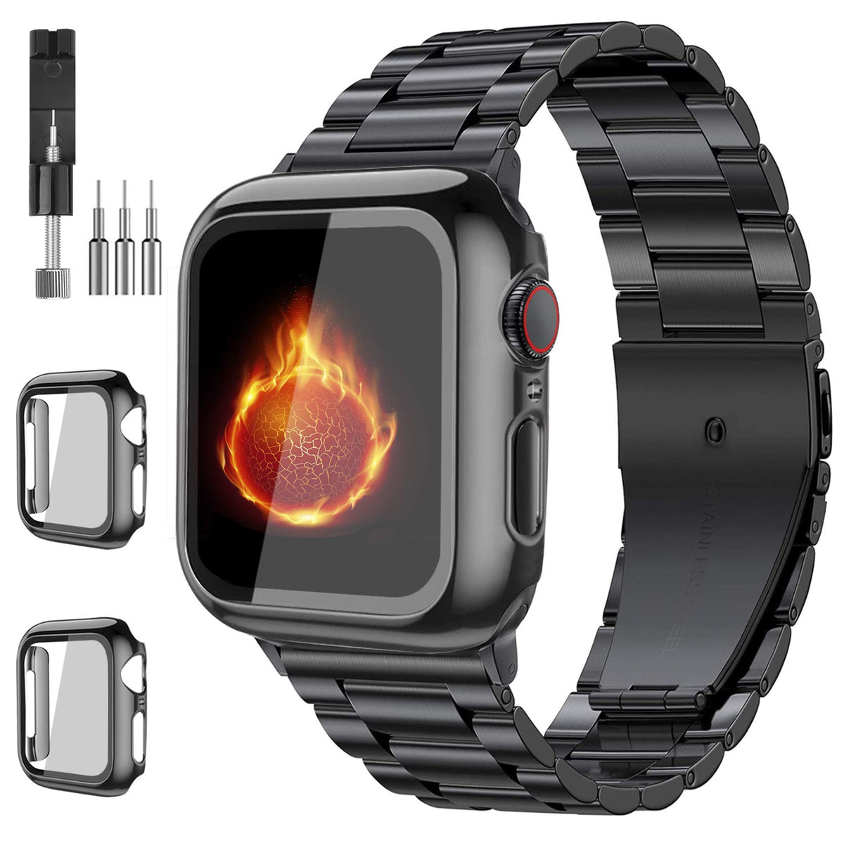 Bekomo 3 Pack Stainless Steel Apple Watch Bands With 2 Pack Tempered Glass Screen Protectors For Series 9, 8, 7, 6, 5, 4, 3, 2,