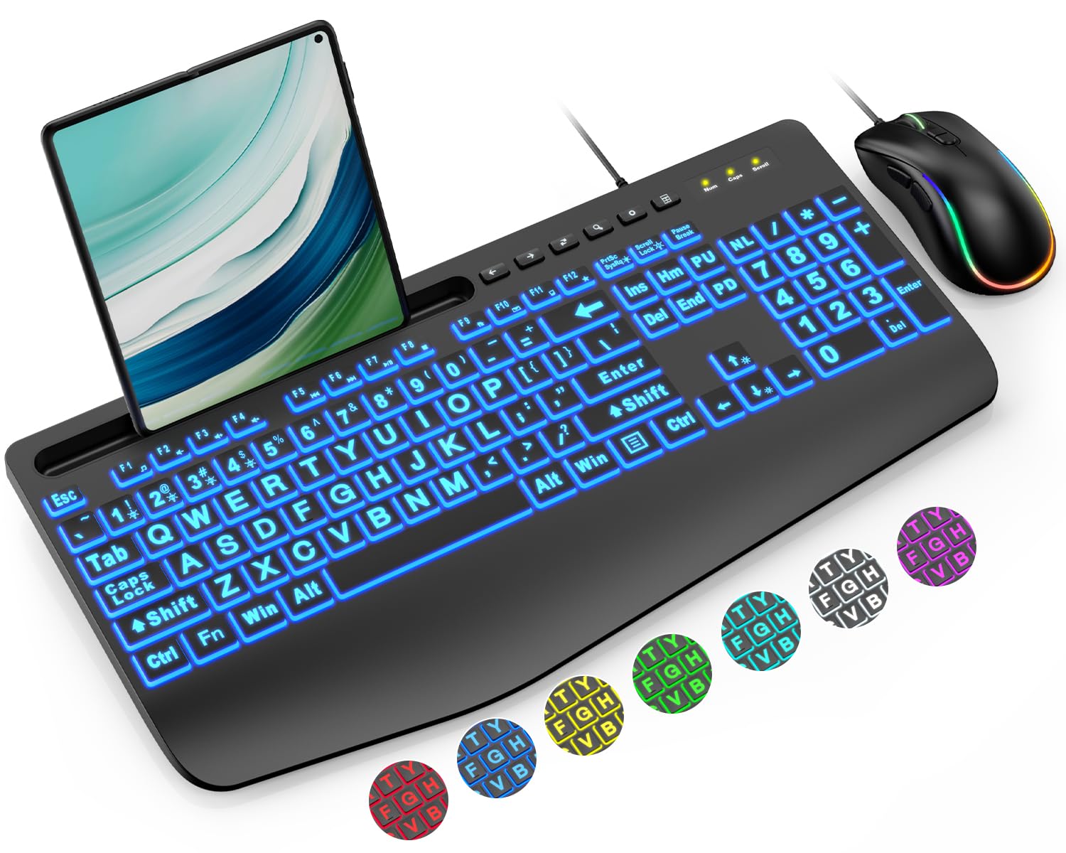 Wired Keyboard And Mouse, Large Print Backlit Keyboard With Wrist Rest And 7 Color Backlit, Lighted Computer Keyboards Easy To S