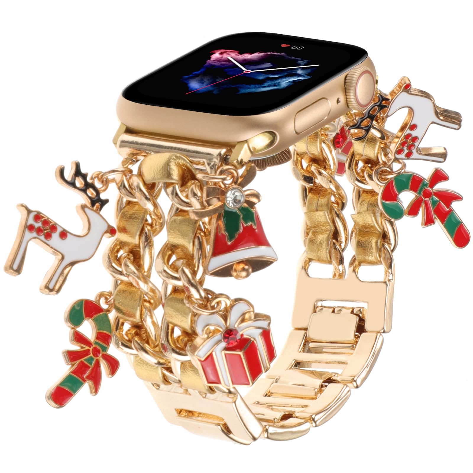Realsign Stylish Metal Wristband Compatible With Apple Watch Band 42 44 45 46 49Mm,Cuban Chain With Christmas Elk Bell Cute Pend
