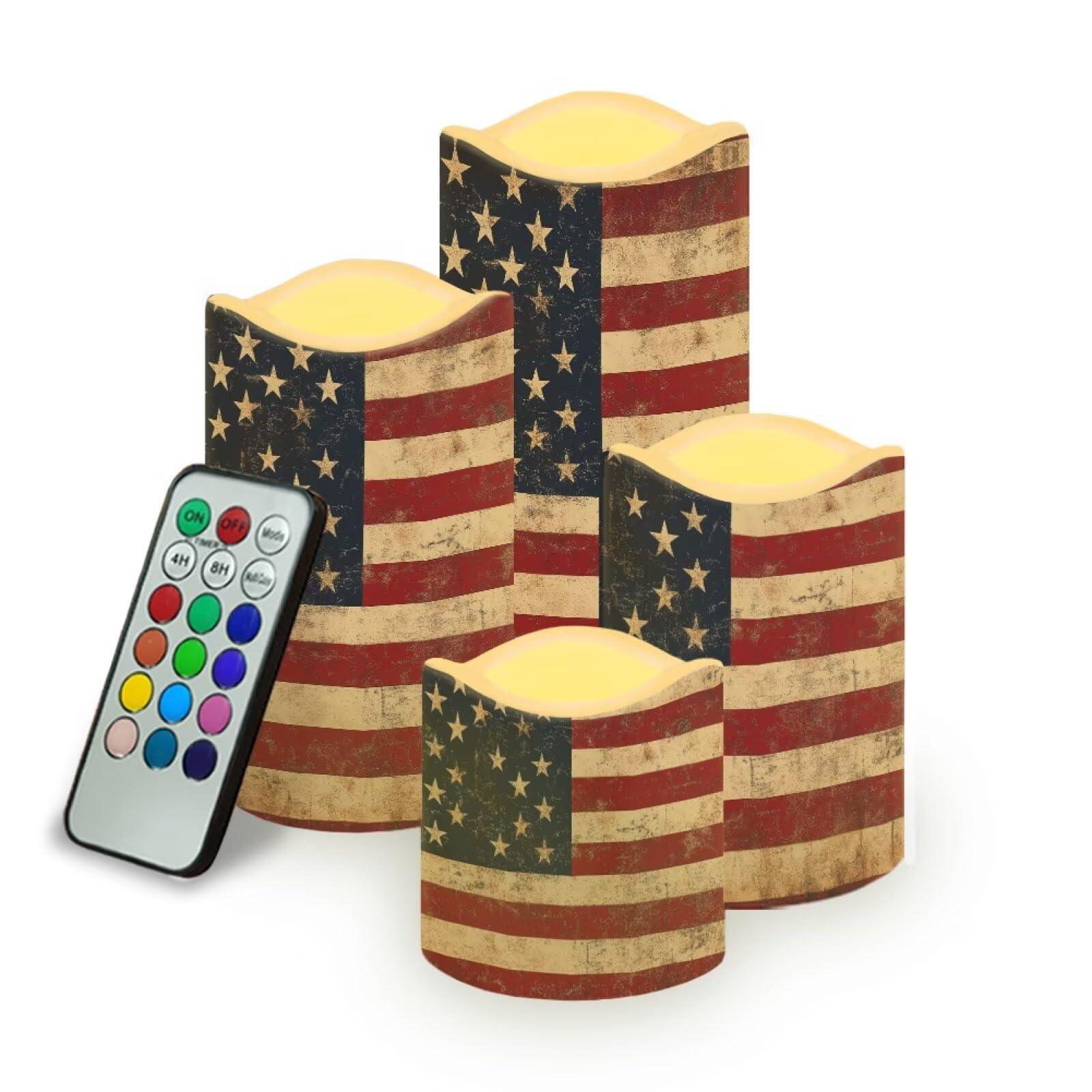Uorisanigo Retro American Flag Plastic Flameless Candles with Remote Control and Timer LED Flickering Battery Operated Color Cha