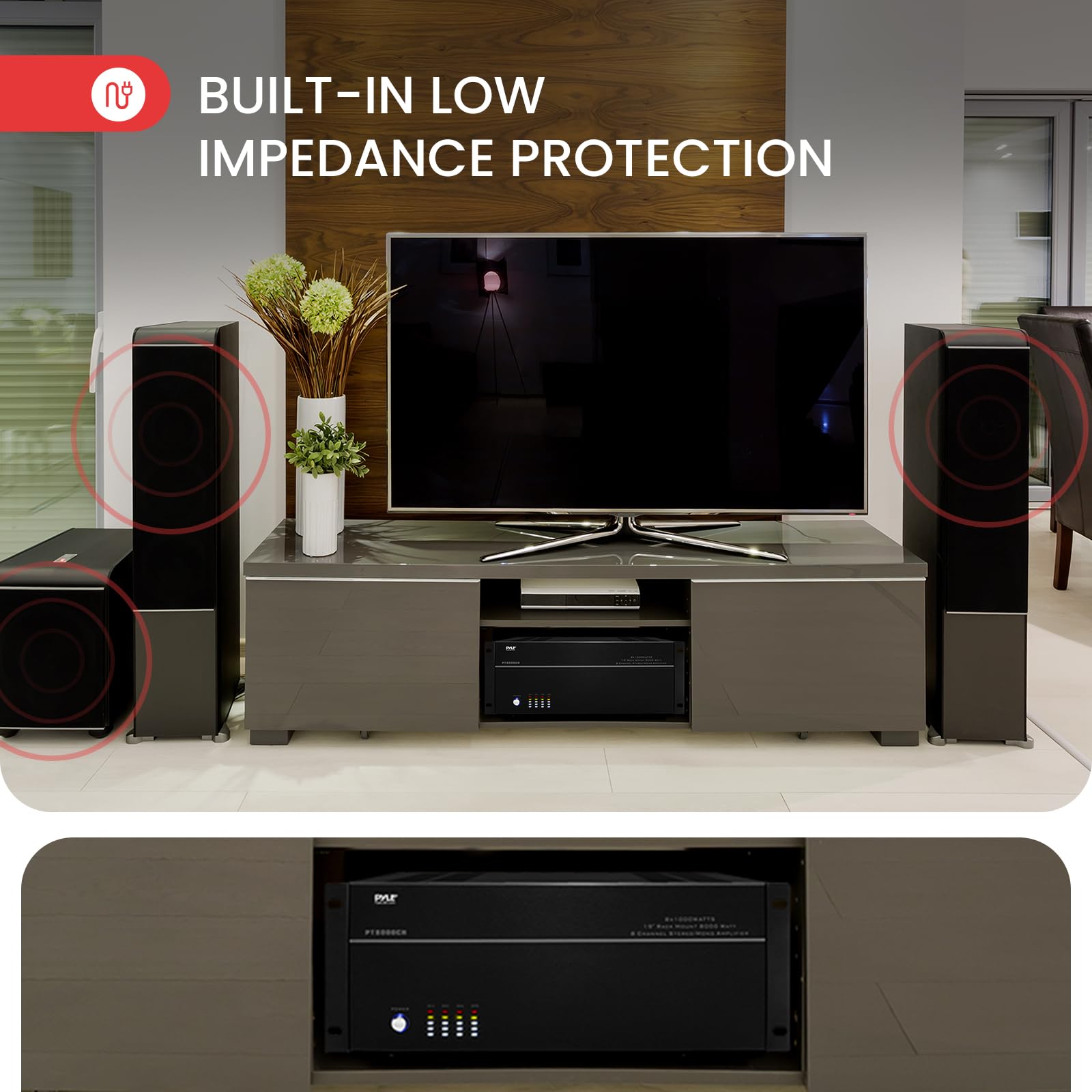 Pyle 4 Multi-Zone Stereo Amplifier - 19    Rack Mount, Powerful 8000 Watts With Speaker Selector Volume Control & Led Audio Leve