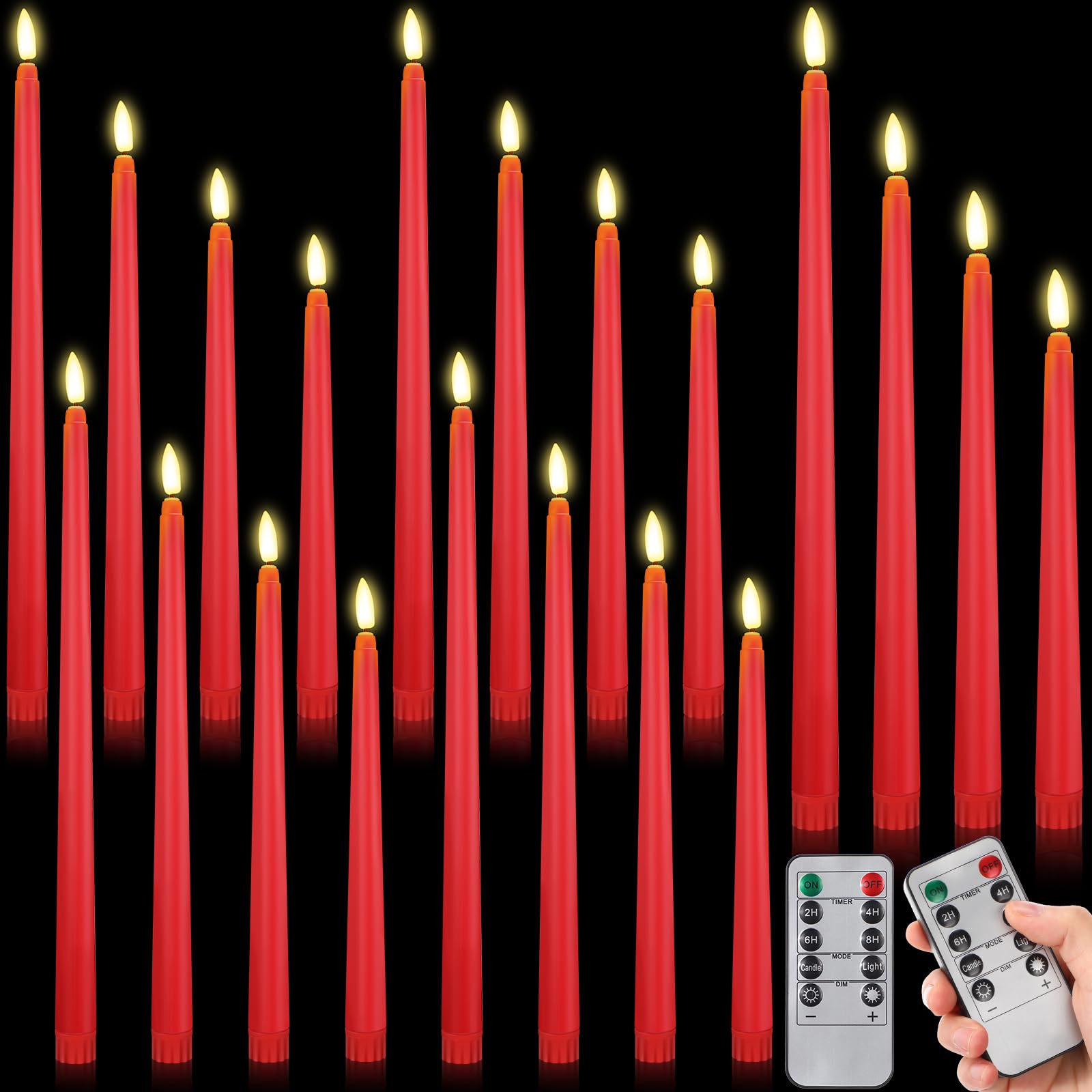 Rossesay 16 Pcs Red Flameless Taper Candles Battery Operated Candles with Remote Timer 8.5 9.6 10.8 12.8 Multiple Sizes Red LED 