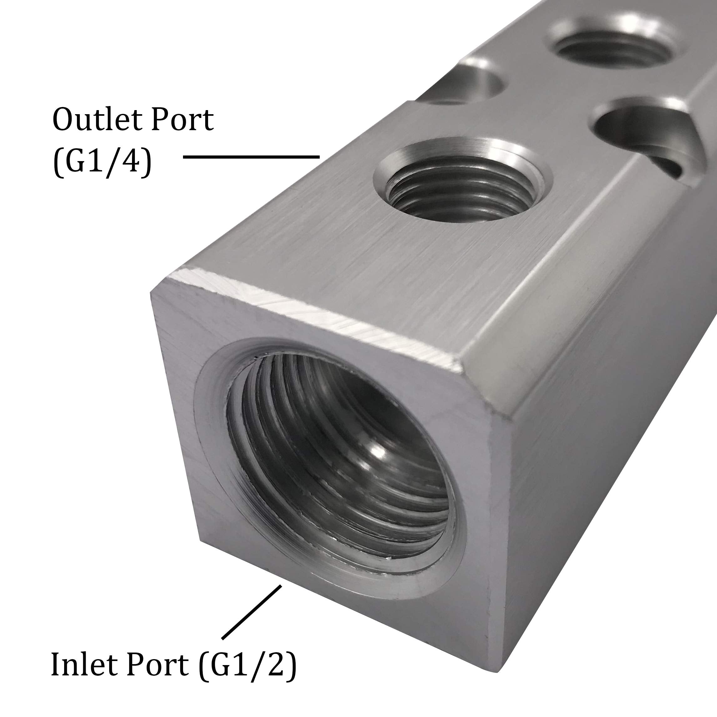 5 Way Pneumatic Manifold Air Distribution Block, G1/2 Supply Port, G1/4 Inch Output Port, Aluminum Alloy