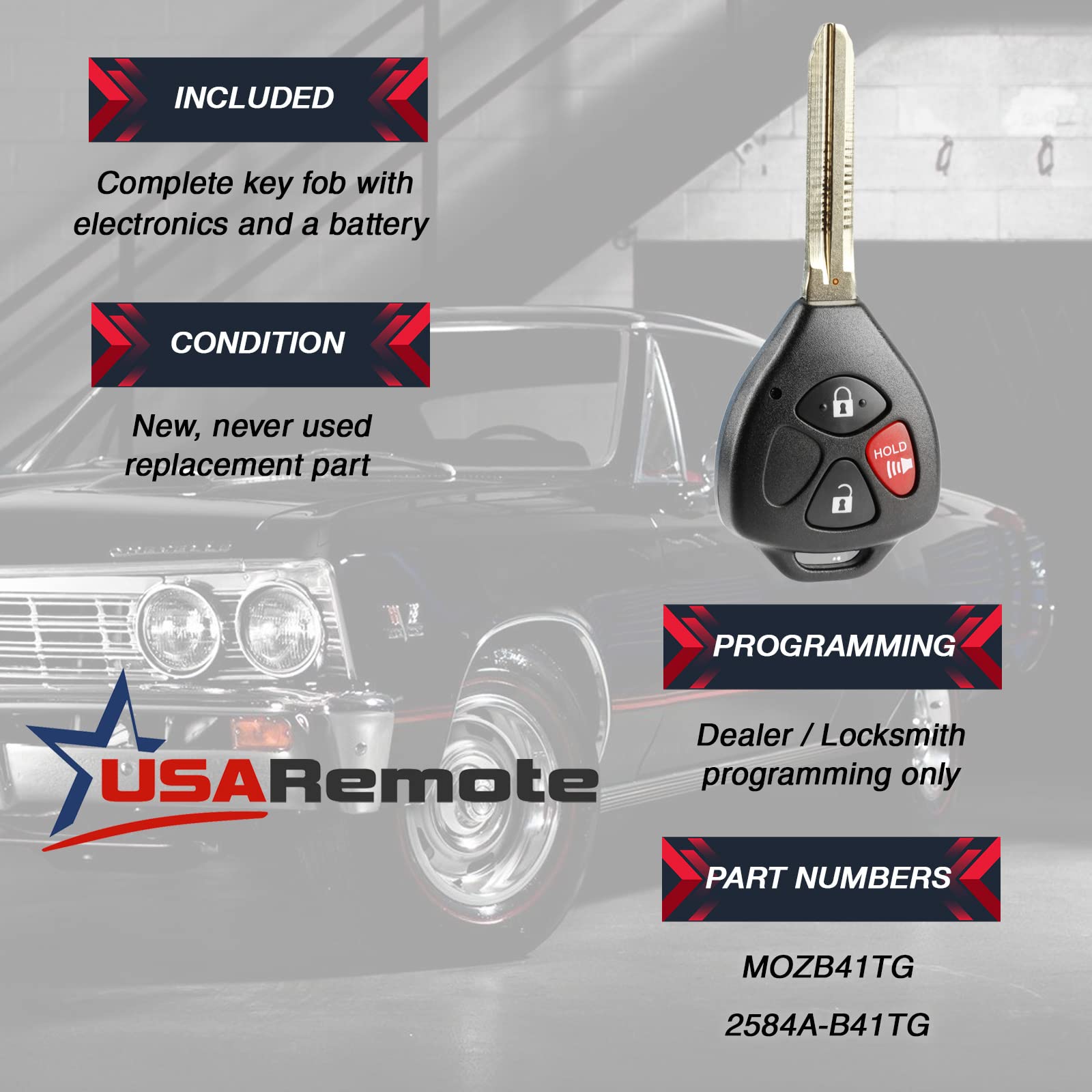 Car Key Fob Keyless Entry Remote Fits Toyota 2007-2013 Yaris, 2005-2010 Scion Tc (Mozb41Tg, 2584A-B41Tg)