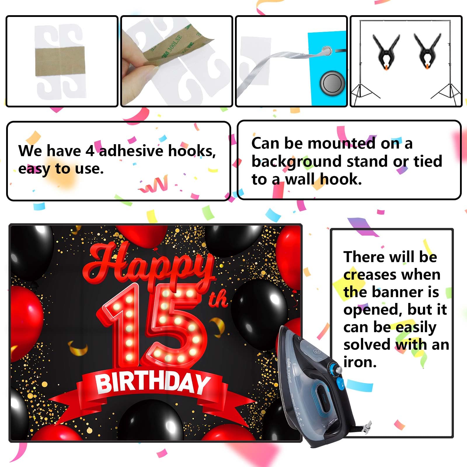 Happy 15Th Birthday Red And Black Banner Backdrop Decorations Balloons Theme Decor For Girls Women Princess 15 Years Old Birthda