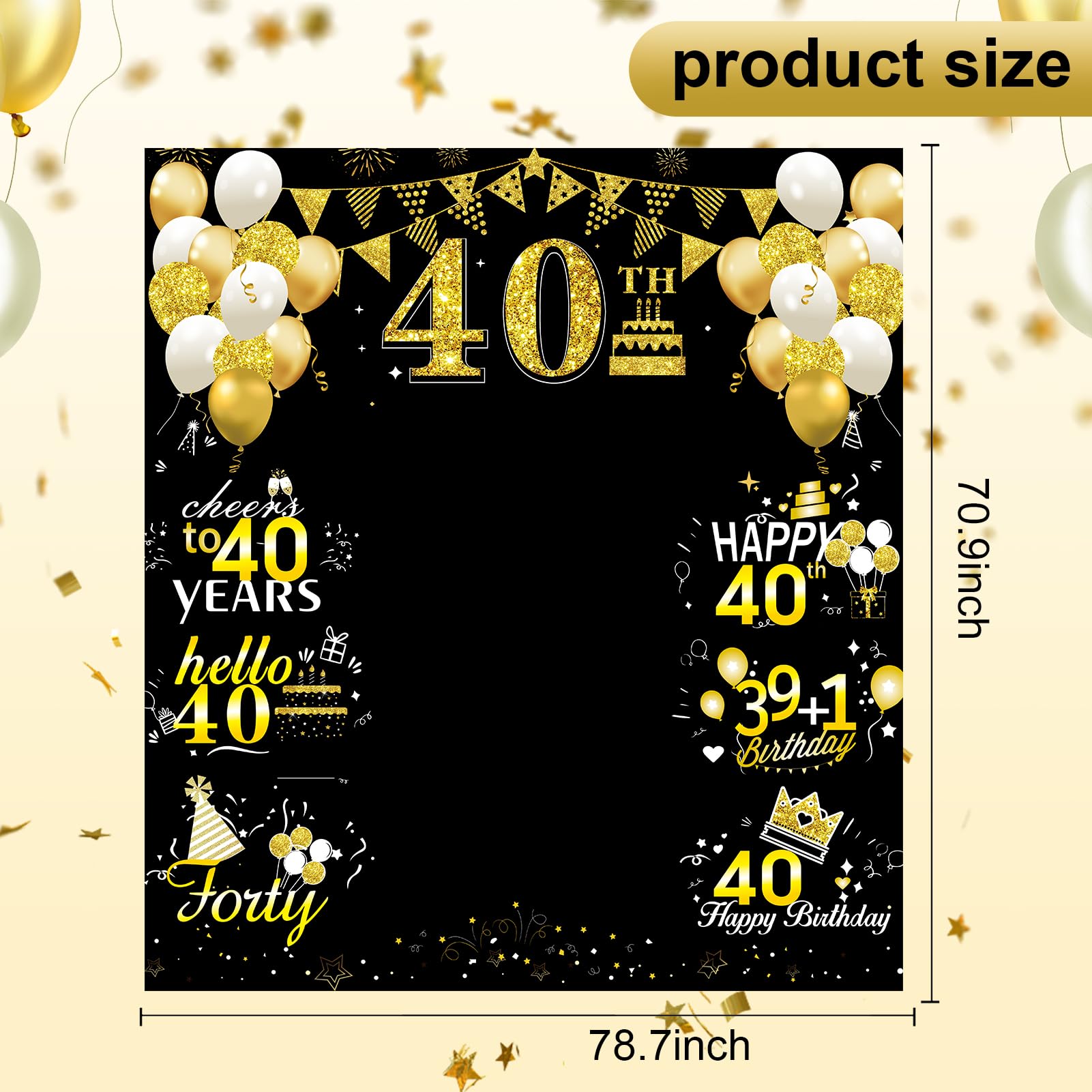 Large 40Th Birthday Decorations 40Th Birthday Photo Banner For Men Women, Black Gold Funny Cheers To 40 Years Birthday Party Sup