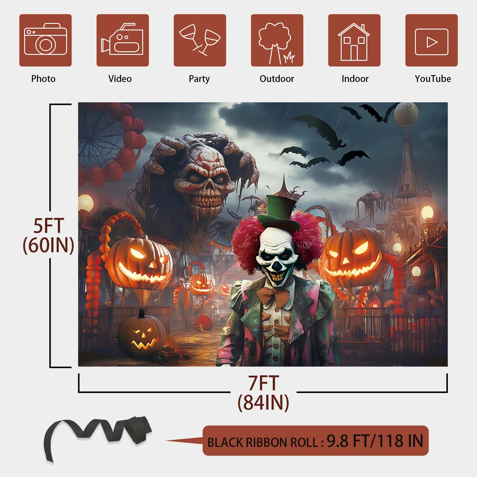 Horror Circus Halloween Backdrop,7X5Ft | Halloween Clown Backdrop Halloween Scary Clown Banner Evil Clown Backdrop Creepy Scary