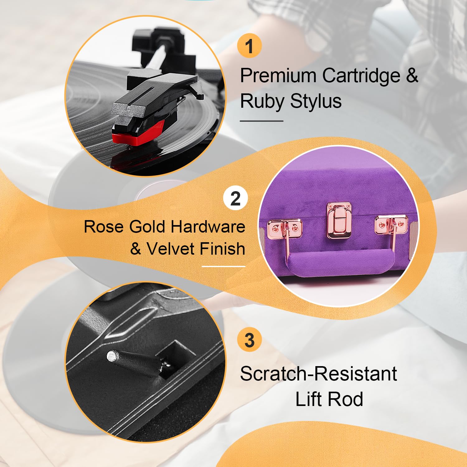 Velvet Vinyl Record Player   33 45 78 Rpm Portable Suitcase Turntable With Usb Recording, Bluetooth, Built In Speakers, Rose Gol