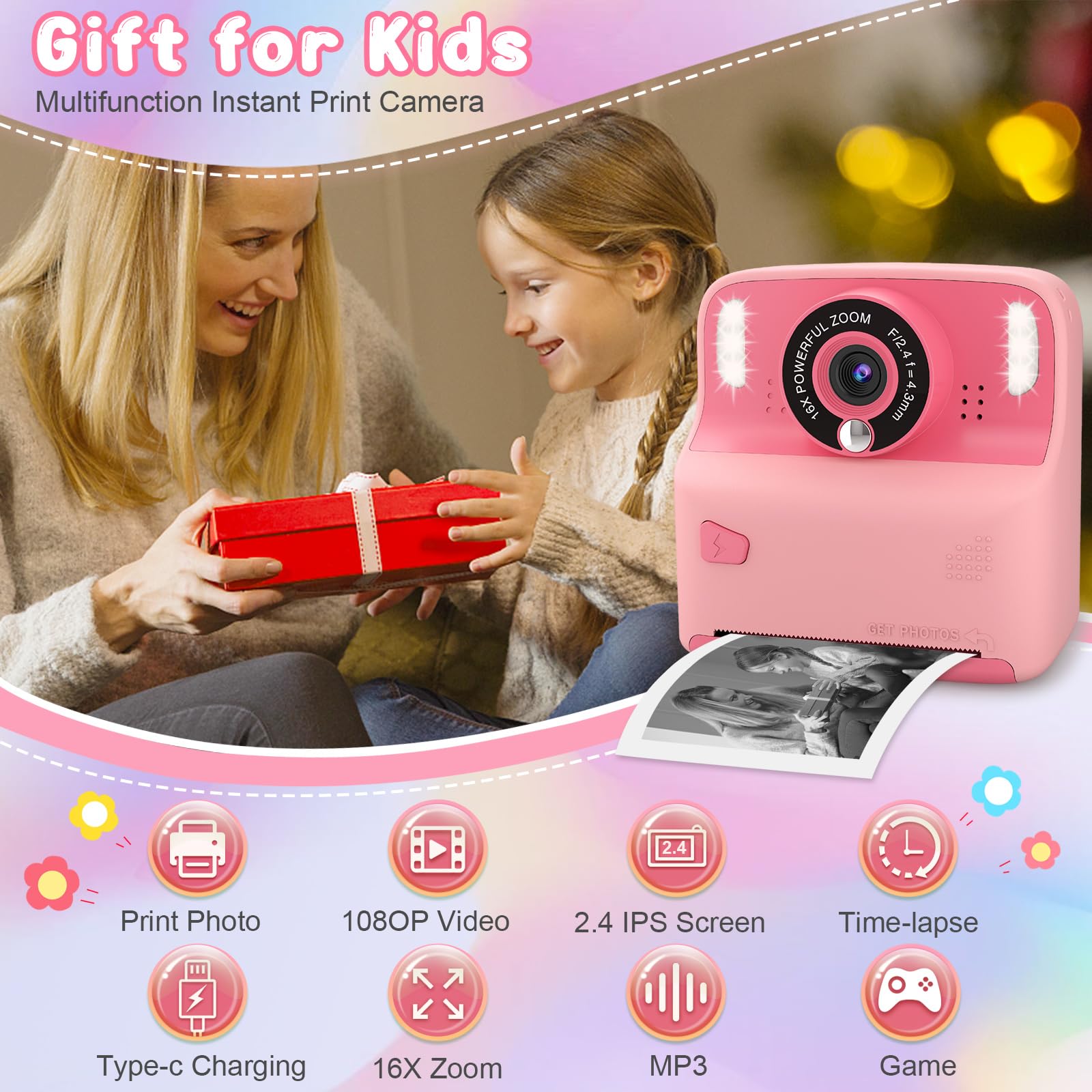 Instant Print Camera For Kids, Christmas Birthday Gift For Girls Boys Age 3 12 Toddler, Print Black White Photo Toy Instant Came