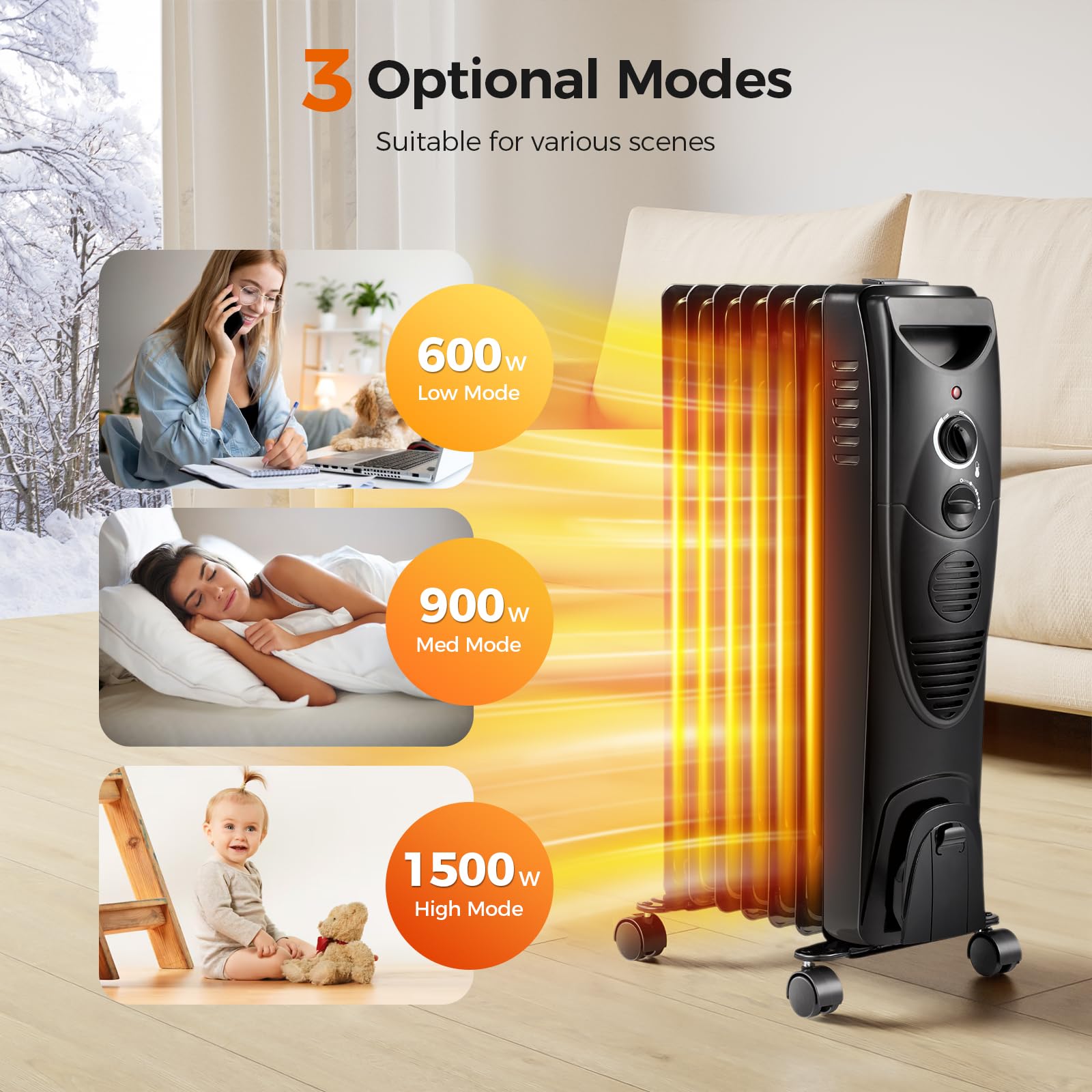Kismile Portable Electric Radiator Heater, Oil Filled With 3 Heat Settings, Adjustable Thermostat, Overheat & Tip Over Protectio