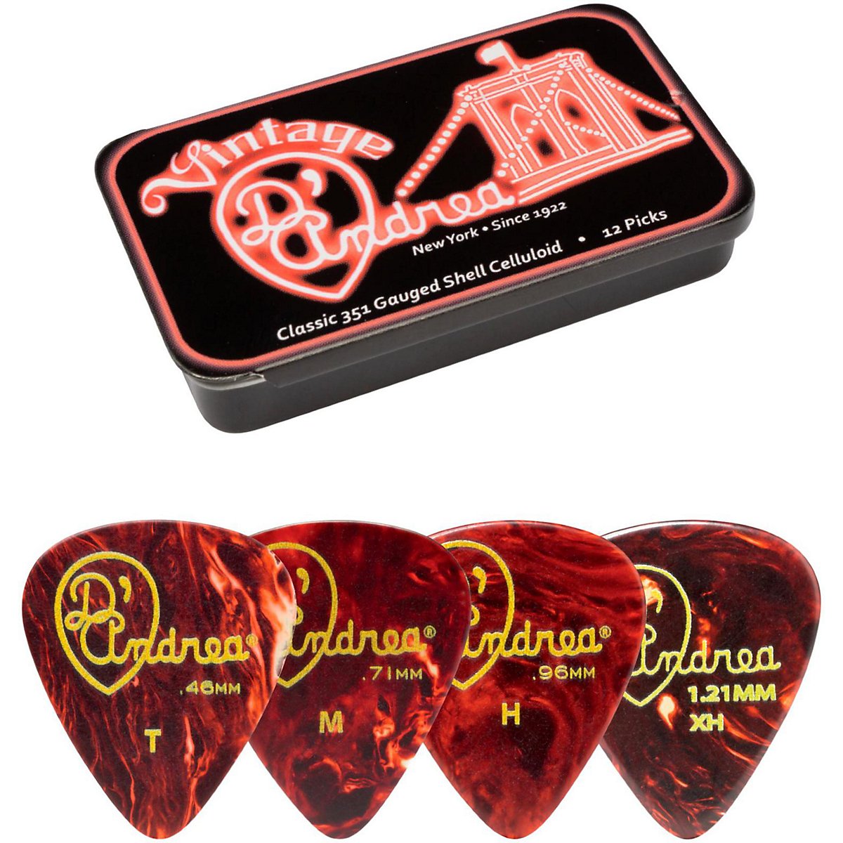 D'Andrea Tnvsm Guitar Picks, 12 Piece, Collectible Tin, Shell, Medium
