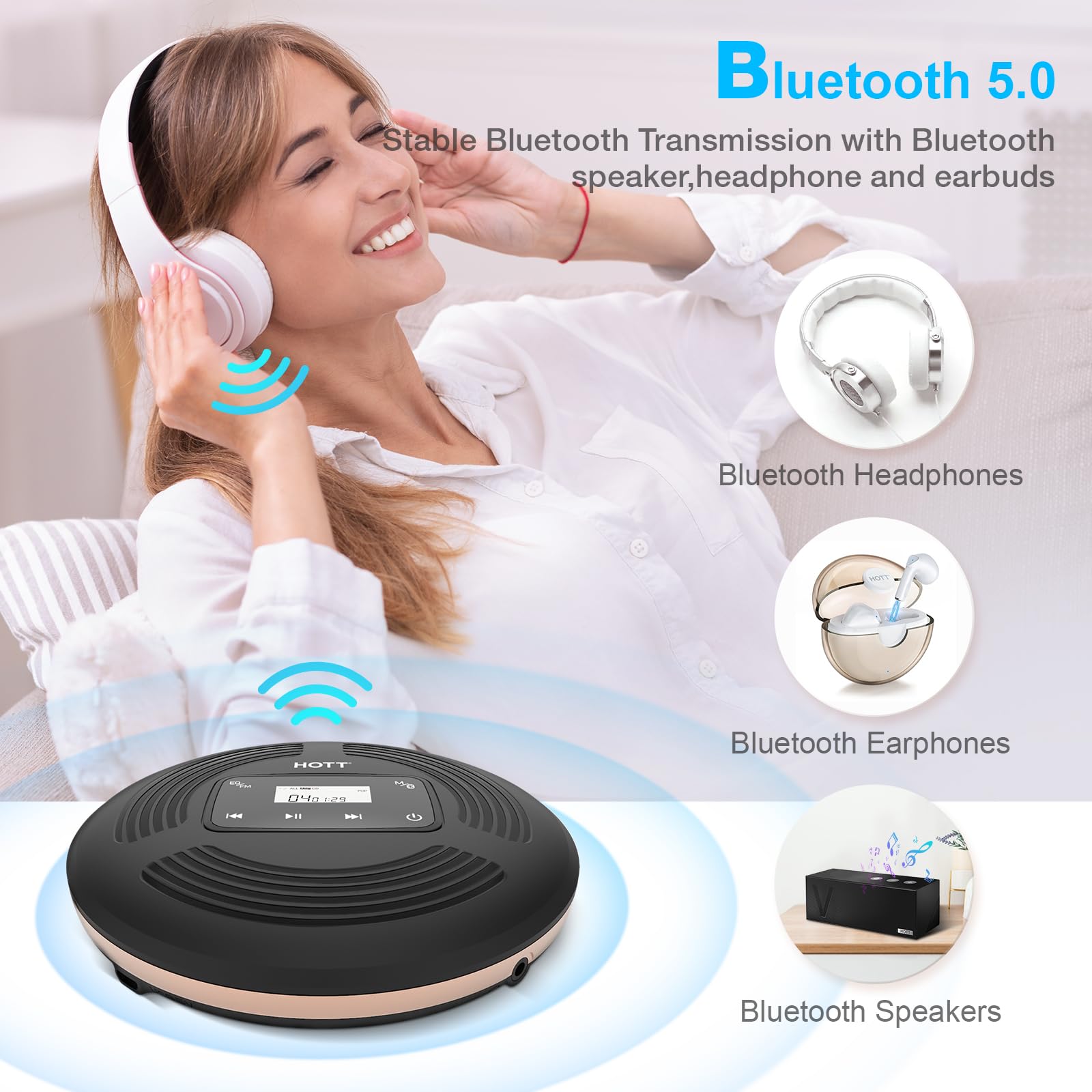 Cd Player Portable With Bluetooth Walkman Bluetooth Cd Player With Fm Transmitter Touch Button And Lcd Display,Rechargeable Disc