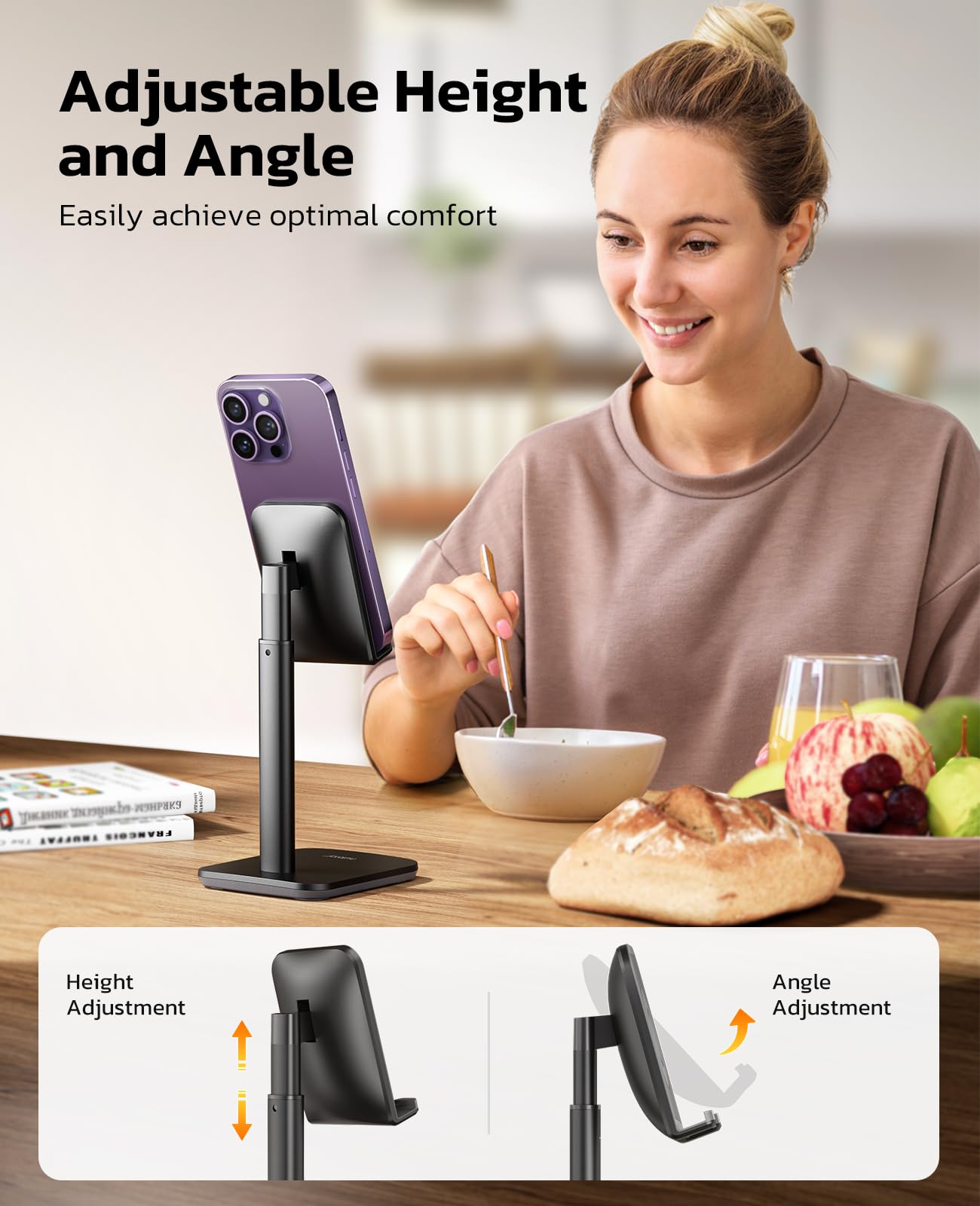 Nulaxy Phone Stand, Height Angle Adjustable Cell Phone Stand, Phone Holder For Desk Compatible With Phone 16 15 14 13 12 Mini 11 Pro Xs Max Xr X 8 7 6 6S Plus, All Smartphones (4 8 Inches)   Black