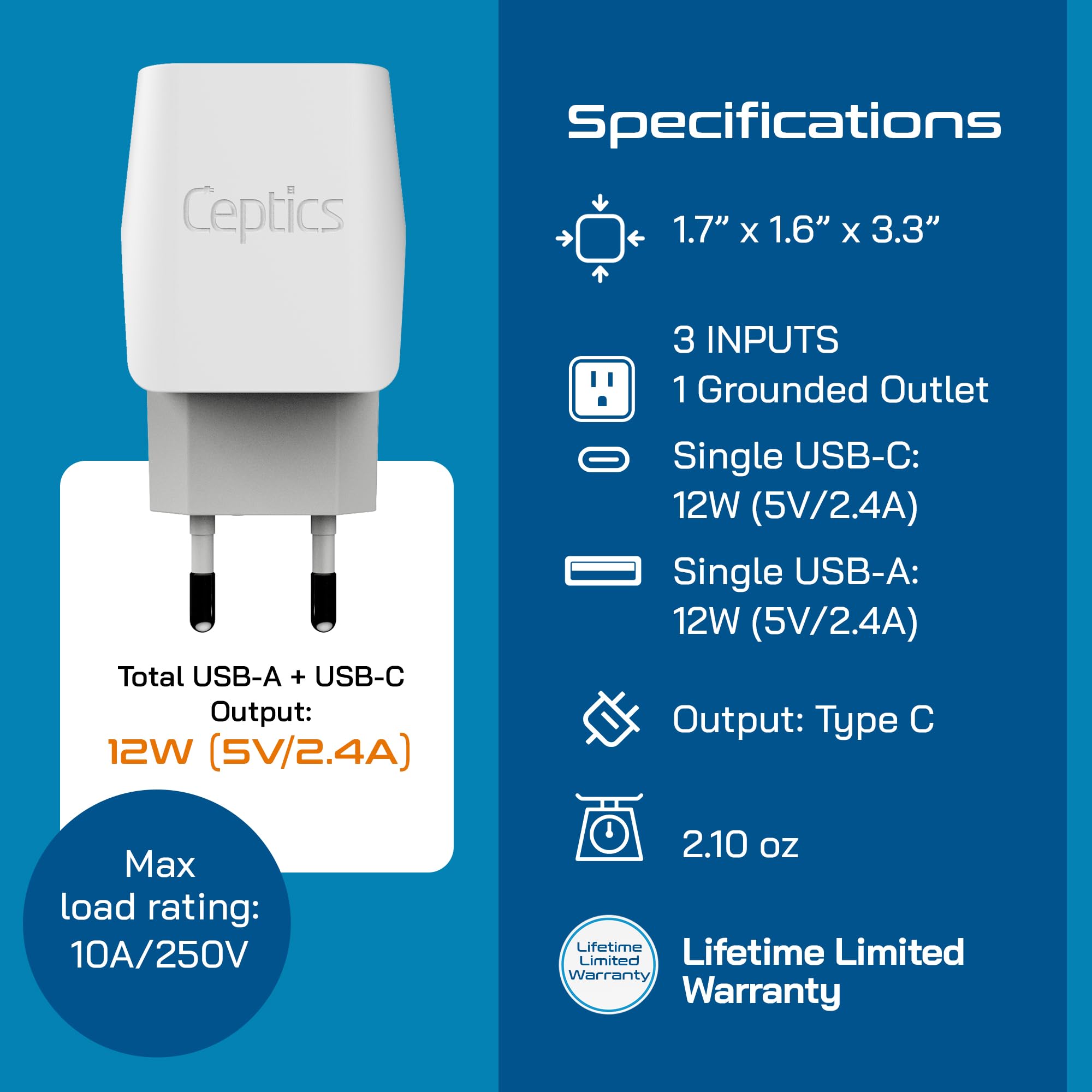 Ceptics European Travel Plug Adapter - Compact Type C & F Adapter With Usb-C & A + Usa Input - Safe Grounded Schuko Adapter - Tr