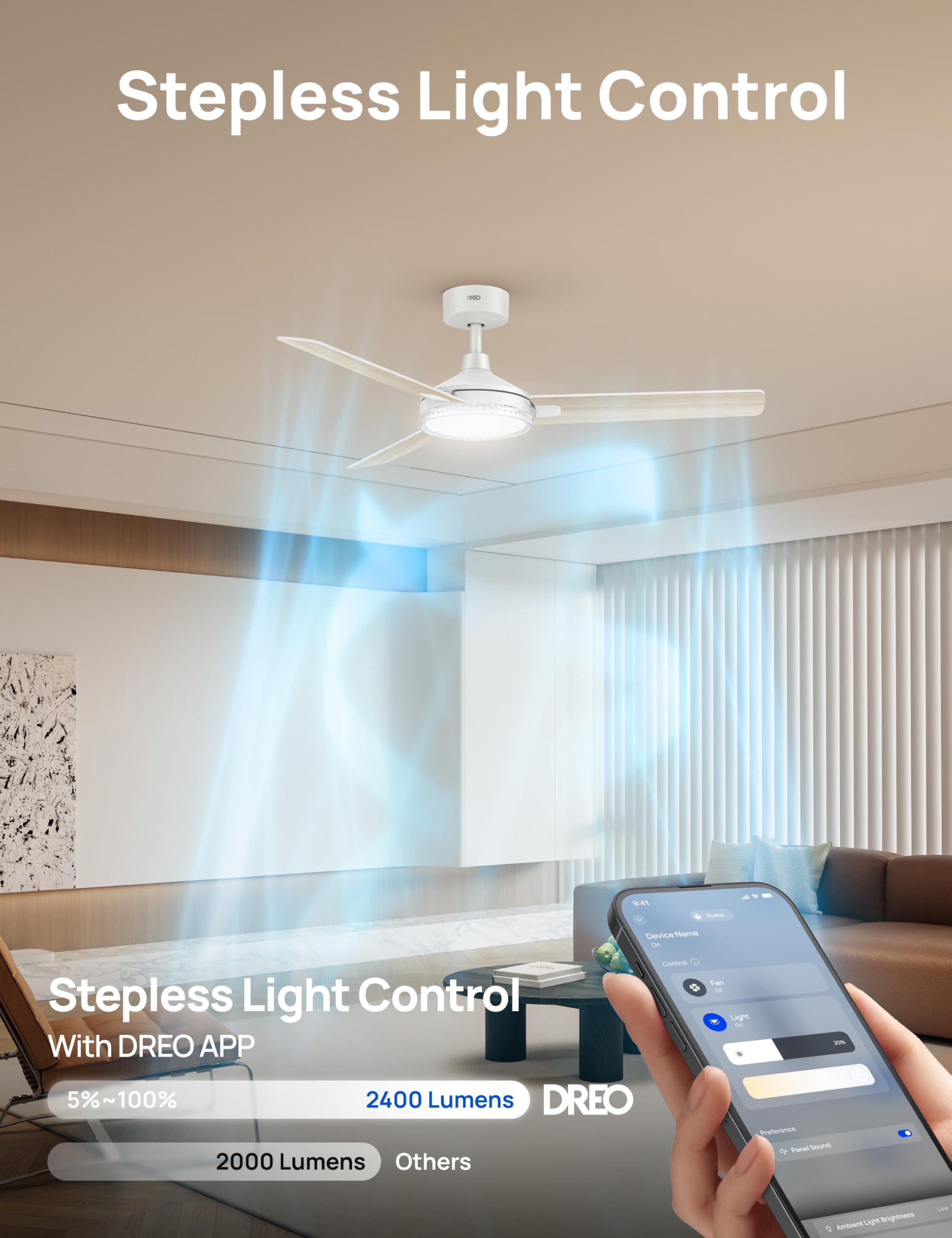 Dreo Smart Ceiling Fans With Lights, 52 Inch White Ceiling Fan, 12 Speeds & 3 Fan Modes, Stepless Color Tones, Dimmable Led Ligh